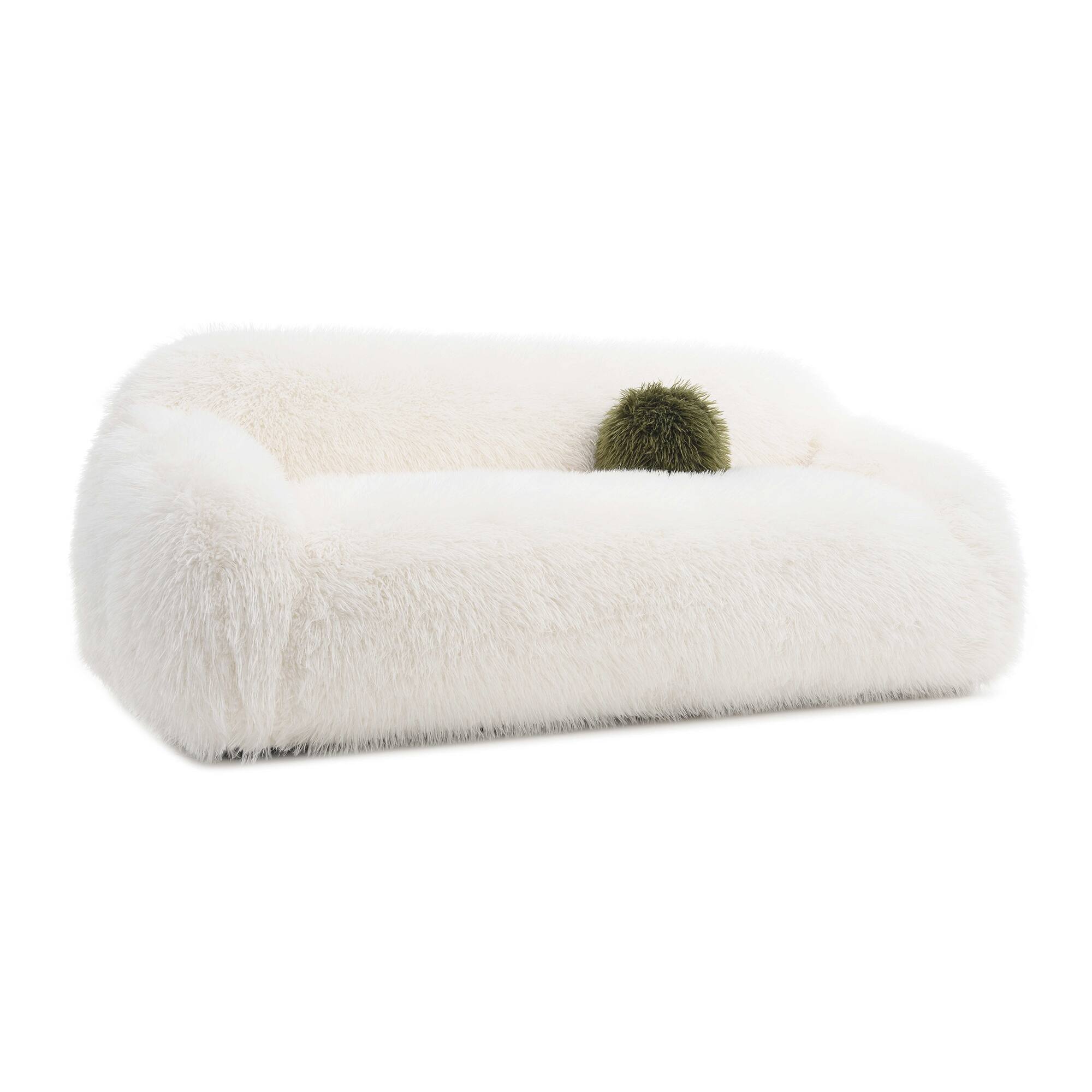 Back. Vaczon - 3-Seater Plush Faux Fur Sofa with Soft Long Pile and Luxurious Comfort for Living Rooms or Apartments - White.