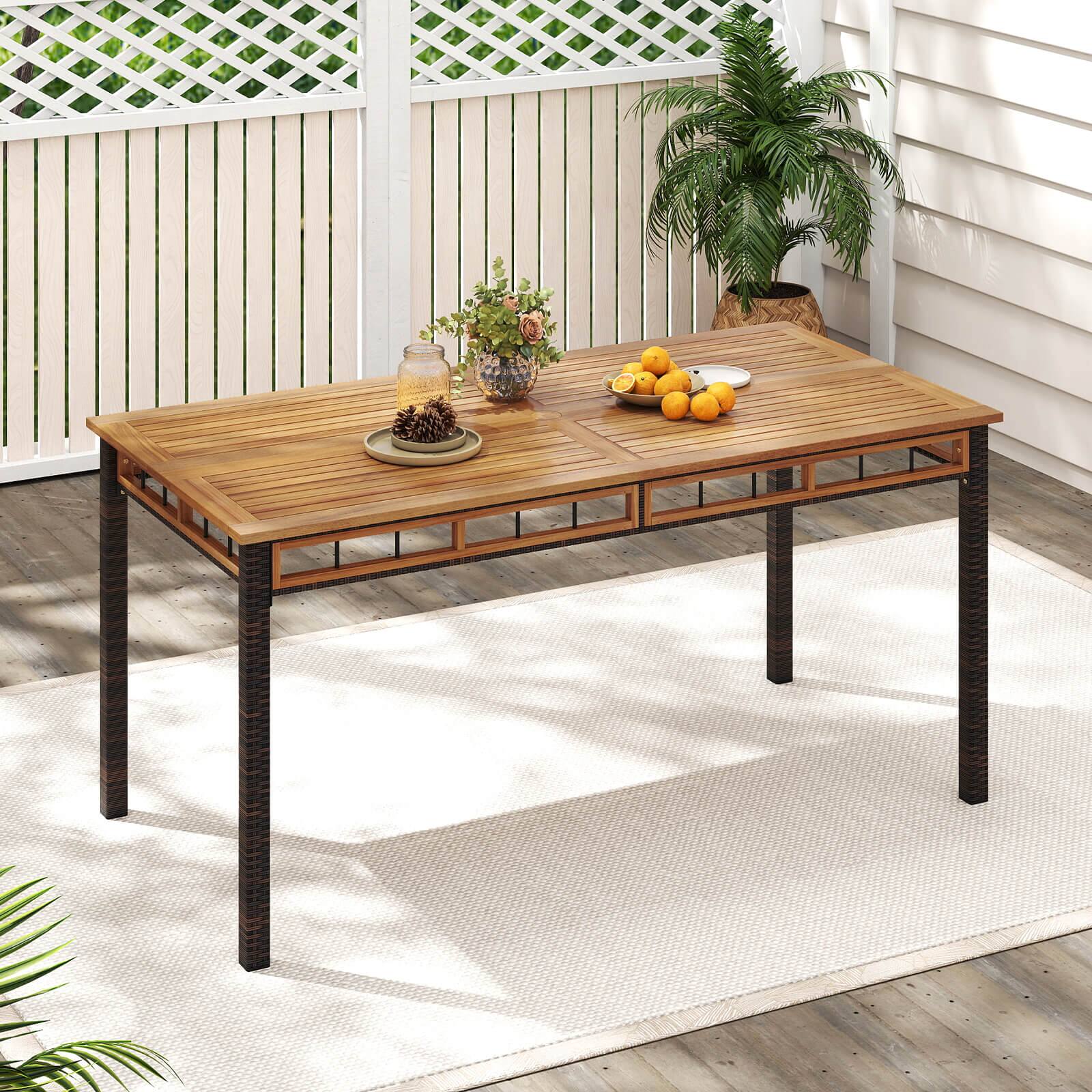 Alt View 1. Costway - Costway 63" Outdoor Dining Table with Acacia Wood Slatted Tabletop, 1.97" Umbrella Hole - Natural,Black.