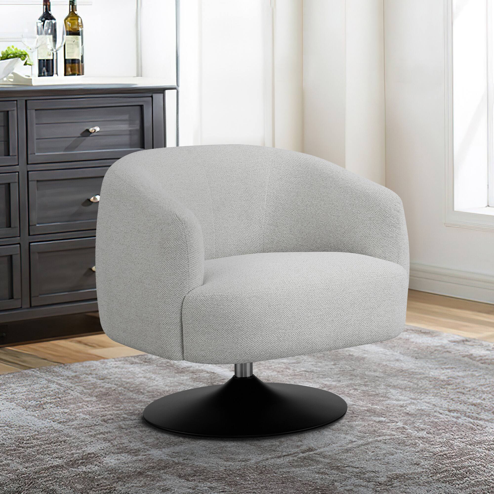 Alt View 2. Manhattan Lane - 32 Inch Barrel Foam Accent Chair, Swivel Pedestal Base Boucle Fabric - Beige, Black.