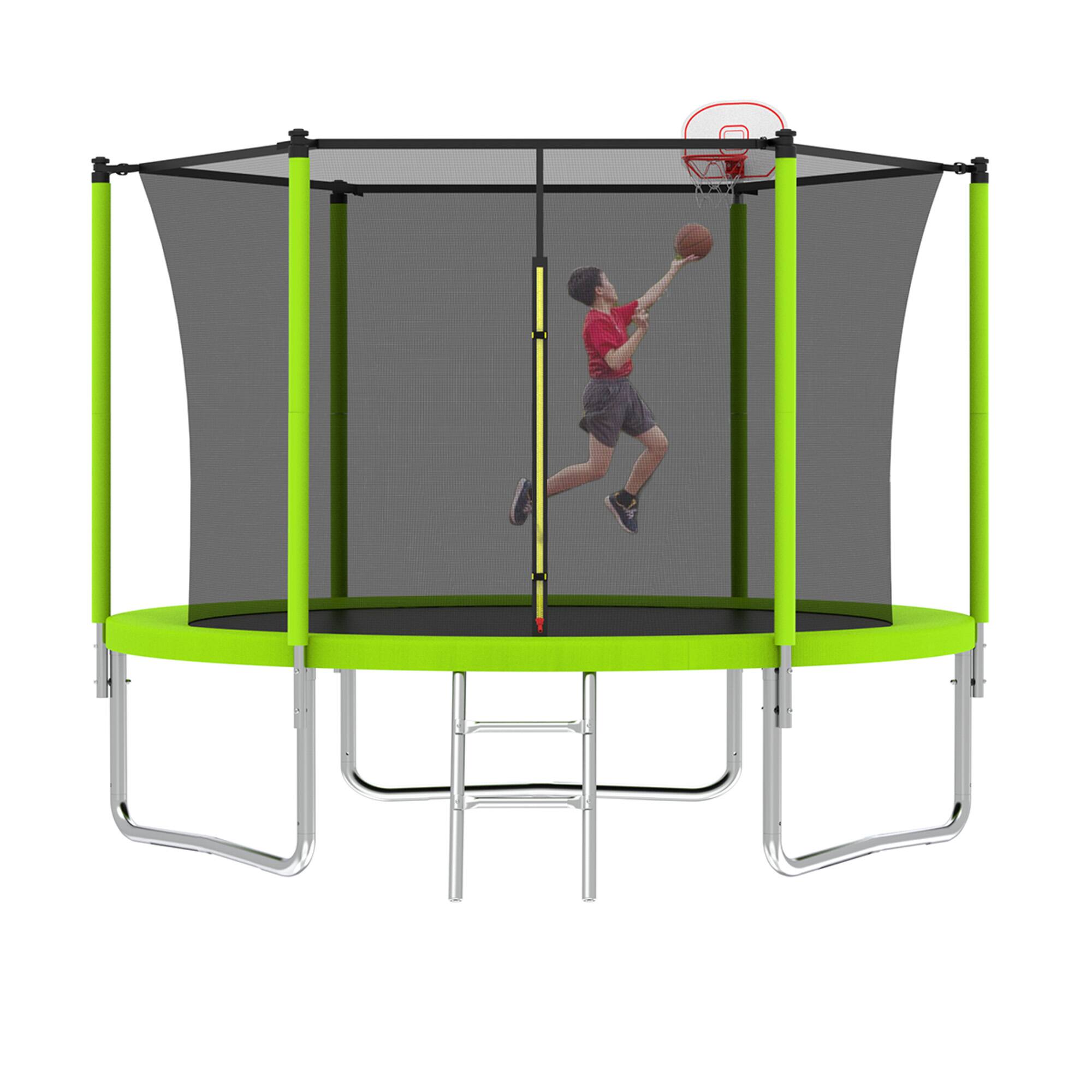 Alt View 5. Ecooso - 10FT Outdoor Kids Trampoline w/ Safety Enclosure, Basketball Hoop & Ladder, Fast Setup, ASTM Compliant - Green.