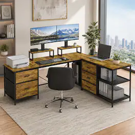 Anysun - 114" Industrial L-Shaped Desk with Power Outlets & USB-C, 6 Fabric Drawers, 3 Open Shelves & Movable Monitor Stands - Brown