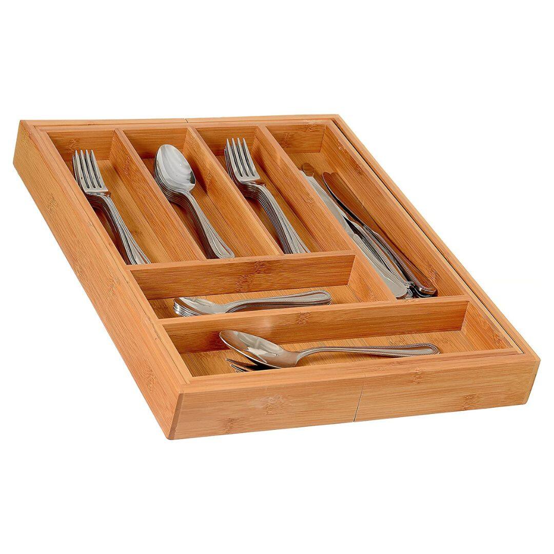 Alt View 1. Home It - Expandable Cutlery Bamboo Kitchen Utensils and Flatware Drawer Divider - Drawer Utensils Organizer - Beige.