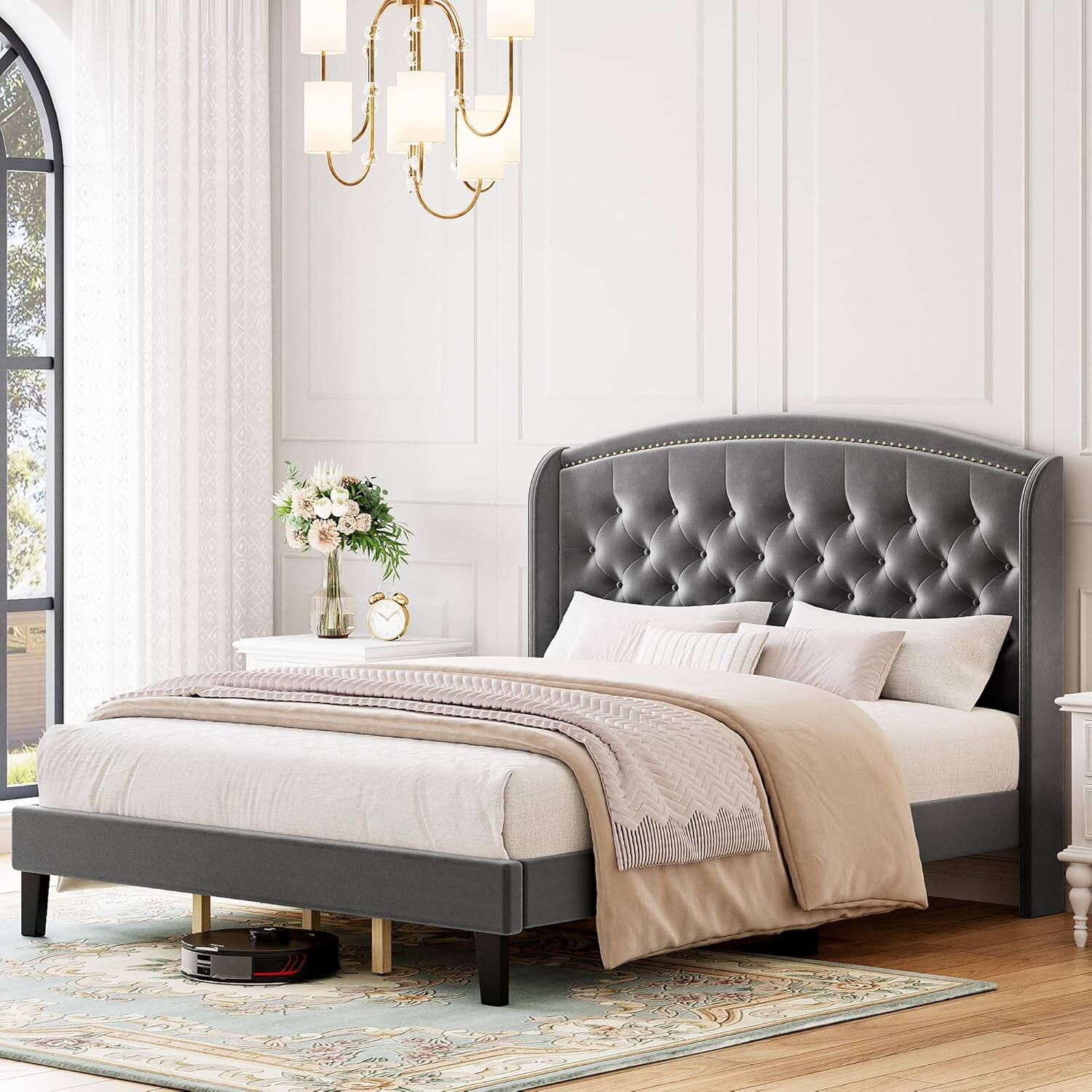 Front. GARVEE - King Velvet Upholstered Platform Bed Frame with Wingback Tufted Headboard & Wood Slat Support, No Box Spring Needed - Grey.