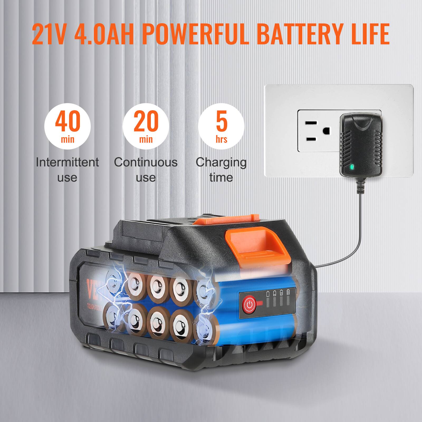 21V 4.0AH POWERFUL BATTERY LIFE

- 40 min Intermittent use
- 20 min Continuous use
- 5 hrs Charging time