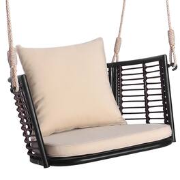 Costway - Patio Hanging Rattan Basket Chair Swing Hammock Chair with Seat Cushion - Mix Brown,Beige