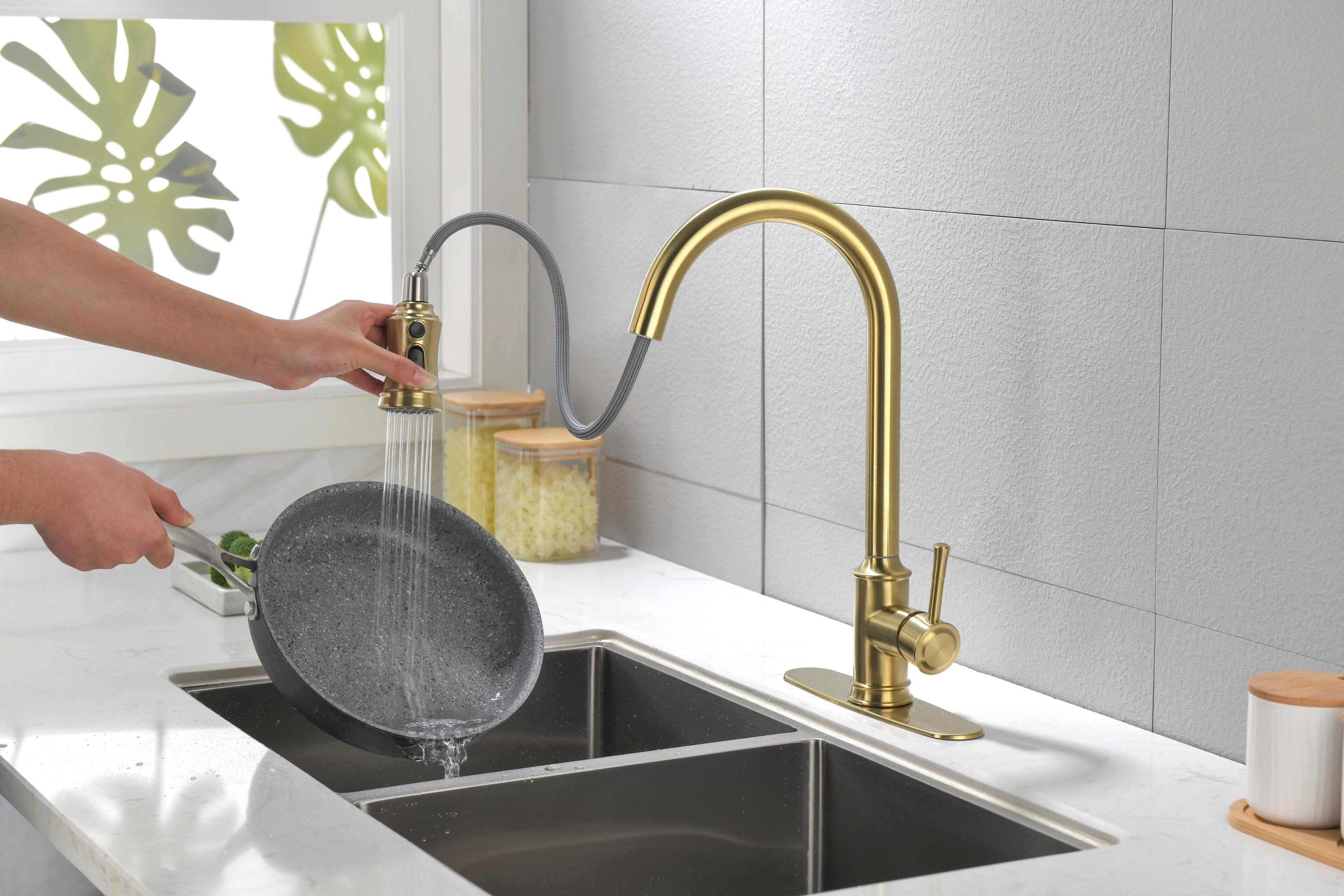 Angle. Siljoy - Single Handle High Arc Pull Out Kitchen Faucet,Single Level Stainless Steel Kitchen Sink Faucets with Pull Down Sprayer - Brushed Gold.