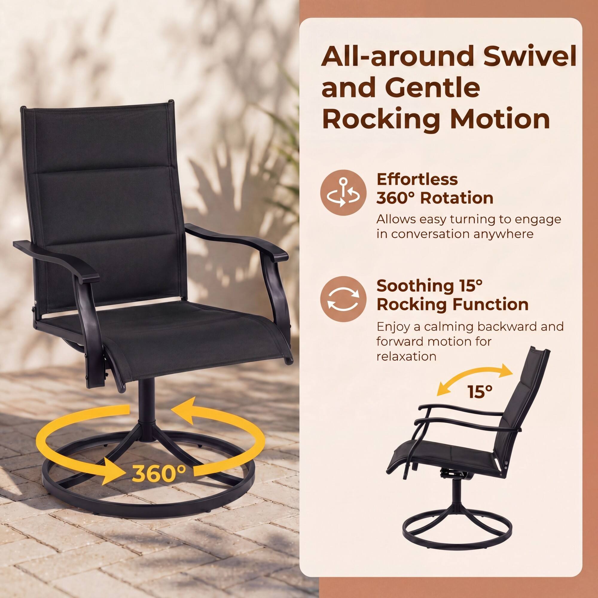 All-around Swivel and Gentle Rocking Motion

Effortless 360° Rotation
Allows easy turning to engage in conversation anywhere

Soothing 15° Rocking Function
Enjoy a calming backward and forward motion for relaxation