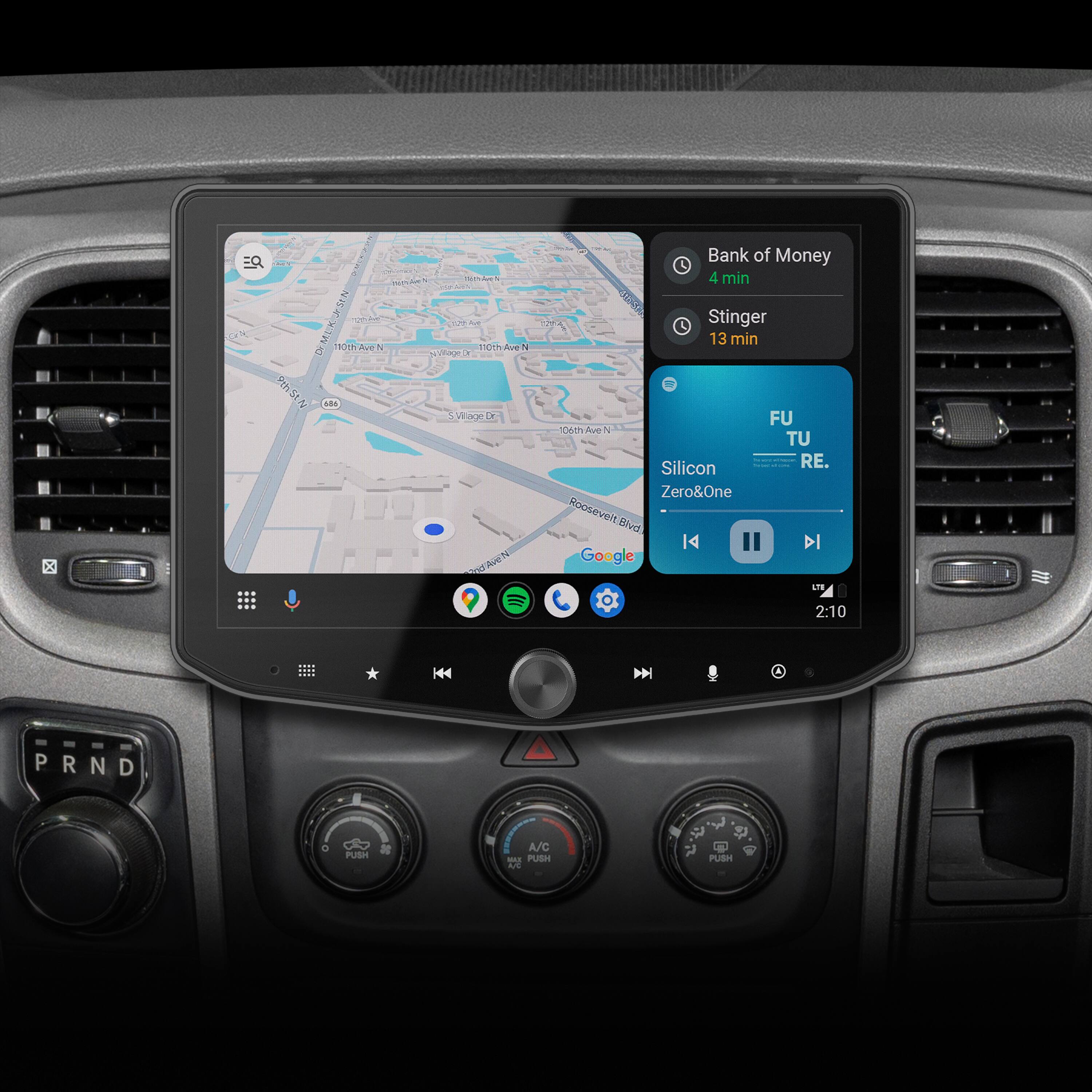 The text on the image reads:

"Bank of Money 4 min 4 Stinger 13 min FU eth Ae N TU Silicon RE. Zero&One Roosevelt Bhrd I4 DI Google LTS 2:10 N PRND N D . PUSH A/C - PUSH Ad $ PUSH"

This text is likely related to a car's navigation system, providing information about the distance and estimated time to reach a destination, as well as the current route and estimated arrival time. The text also includes a button for the driver to push to change the route or adjust the settings.