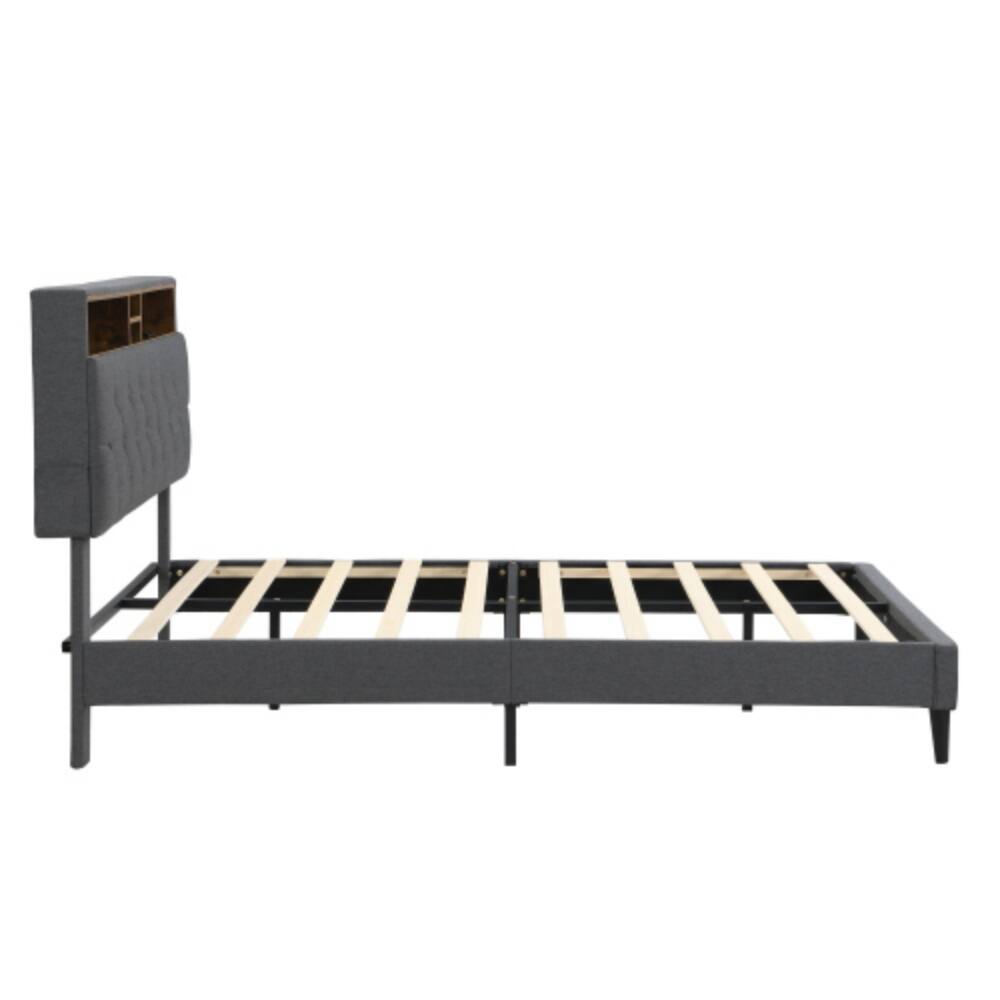Back. LUCKY ONE - Queen Size Platform Bed Frame with USB Outlet and Storage Compartments, Heavy Duty Metal Slats, No Box Spring Needed - Dark Gray.