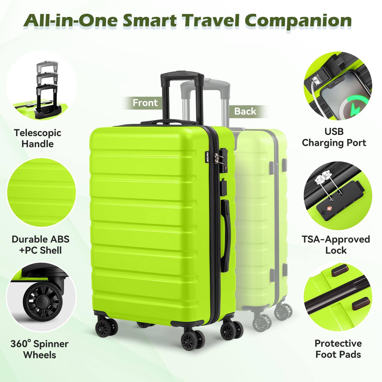 All-in-One Smart Travel Companion

- Telescopic Handle
- Front
- Back
- USB Charging Port
- Durable ABS + PC Shell
- TSA-Approved Lock
- 360° Spinner Wheels
- Protective Foot Pads