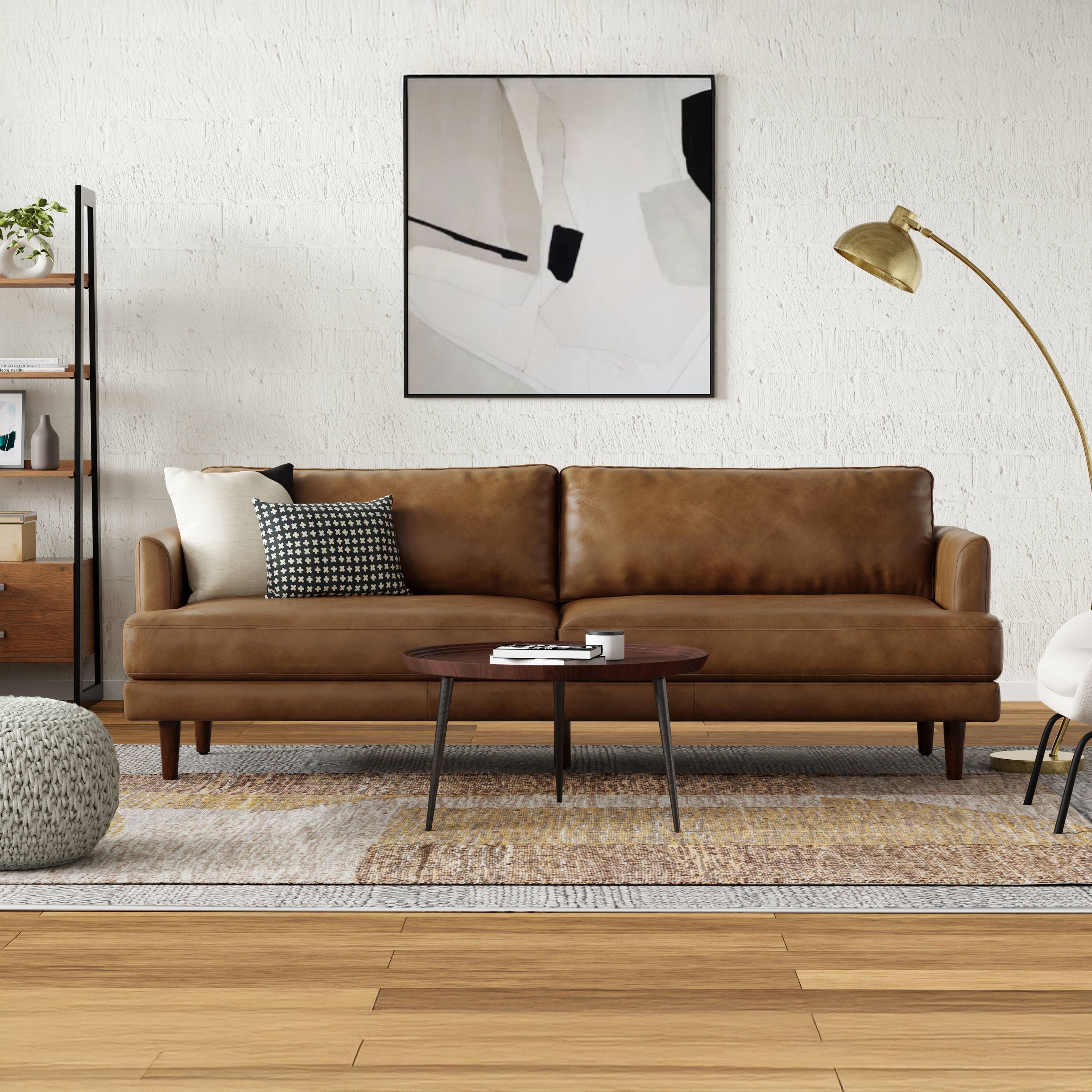 Left. Simpli Home - Livingston 90 inch Wide Mid-Century Modern Sofa in Caramel Brown Top Grain Genuine Leather - Caramel Brown.