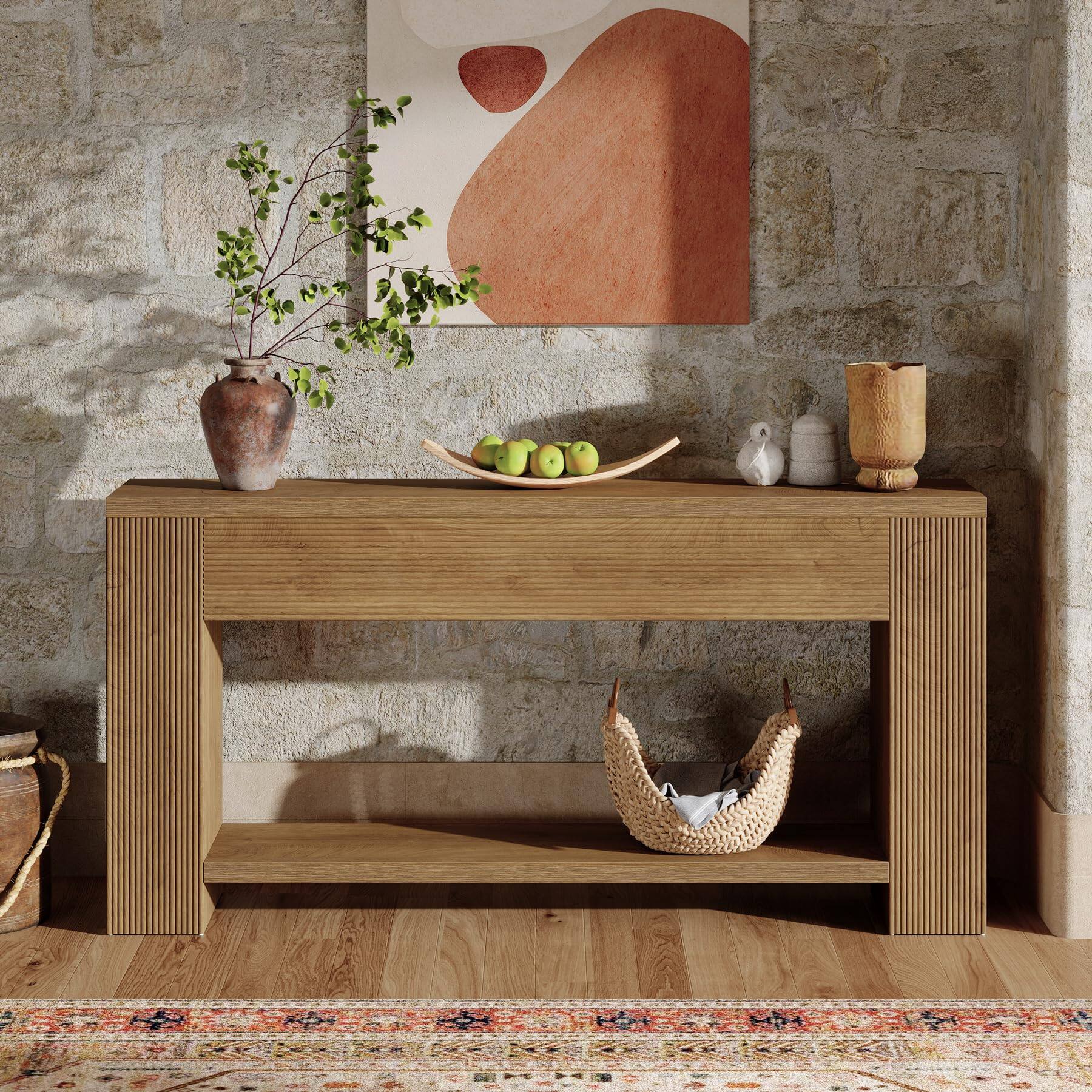 Back. Tribesigns - 70.9-Inch Console Tables for Entryway, Narrow Wooden Long Sofa Table Behind the Couch, Farmhouse Fluted Hallway Accent T - Light Brown.