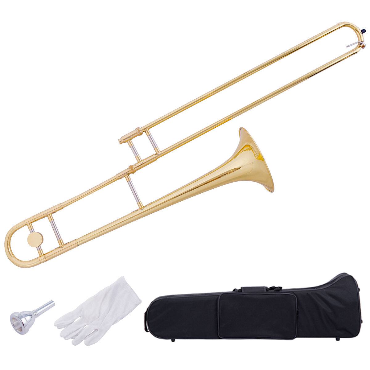 Alt View 1. Costway - Costway B Flat Trombone Gold Brass with Mouthpiece Case Gloves for Beginners Students - Gold.