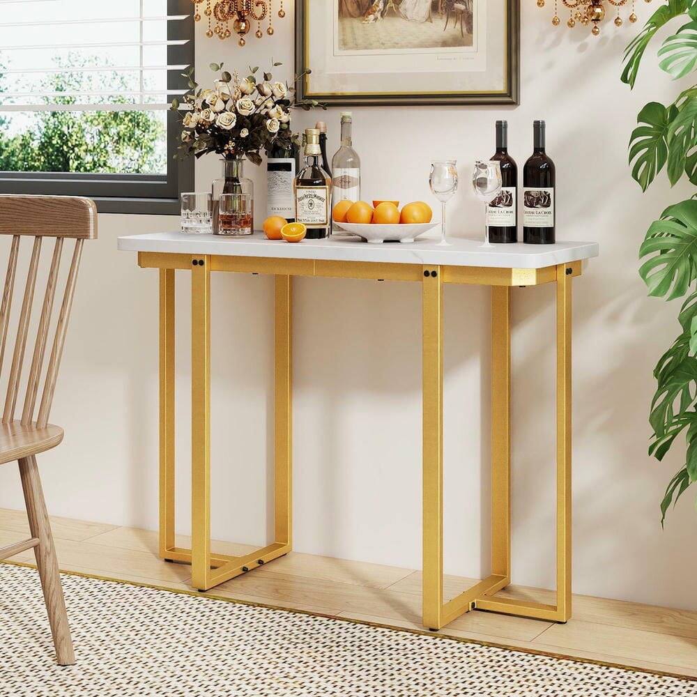 Alt View 2. Kadyn - 42-Inch Modern Faux Marble Entryway Table with Geometric Metal Frame, White - White.