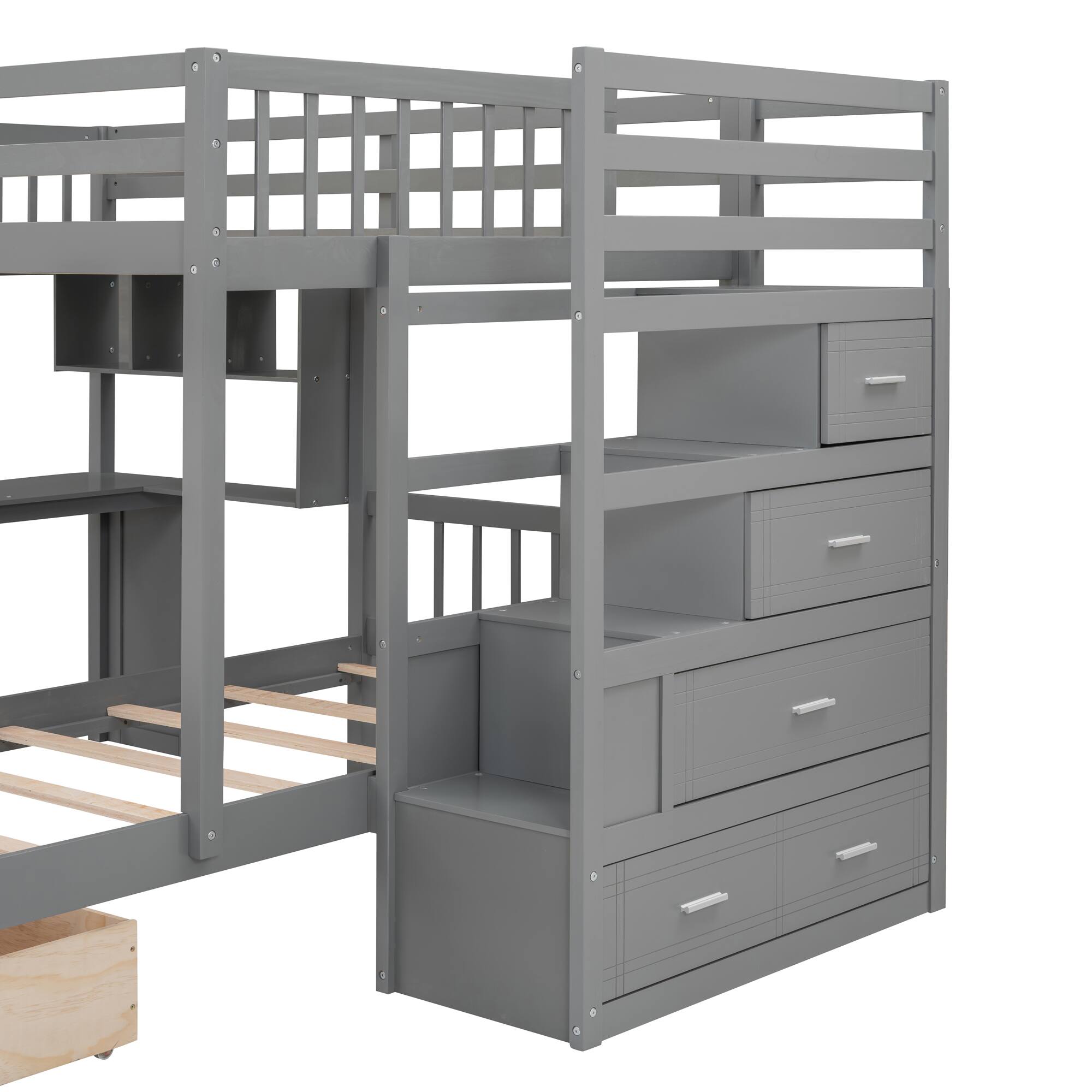 Alt View 10. Tiramisubest - Full Over Twin Bunk Bed with Desk, Gray - Solid Wood, 98x80x65 inches, Space-Saving - Gray.