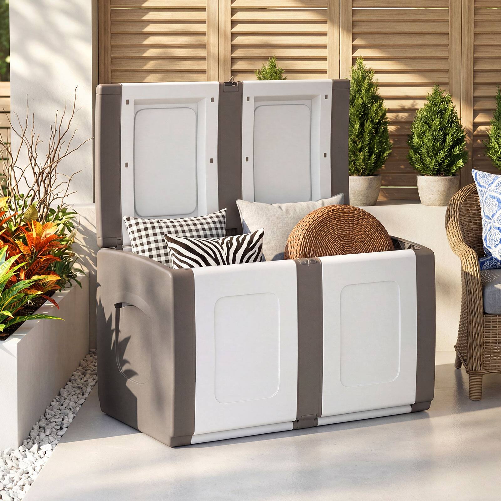 Alt View 1. Gymax - Gymax Deck Box Patio Container w/ Lockable Lid Weatherproof Plastic Storage Bin Beige & White - Brown.