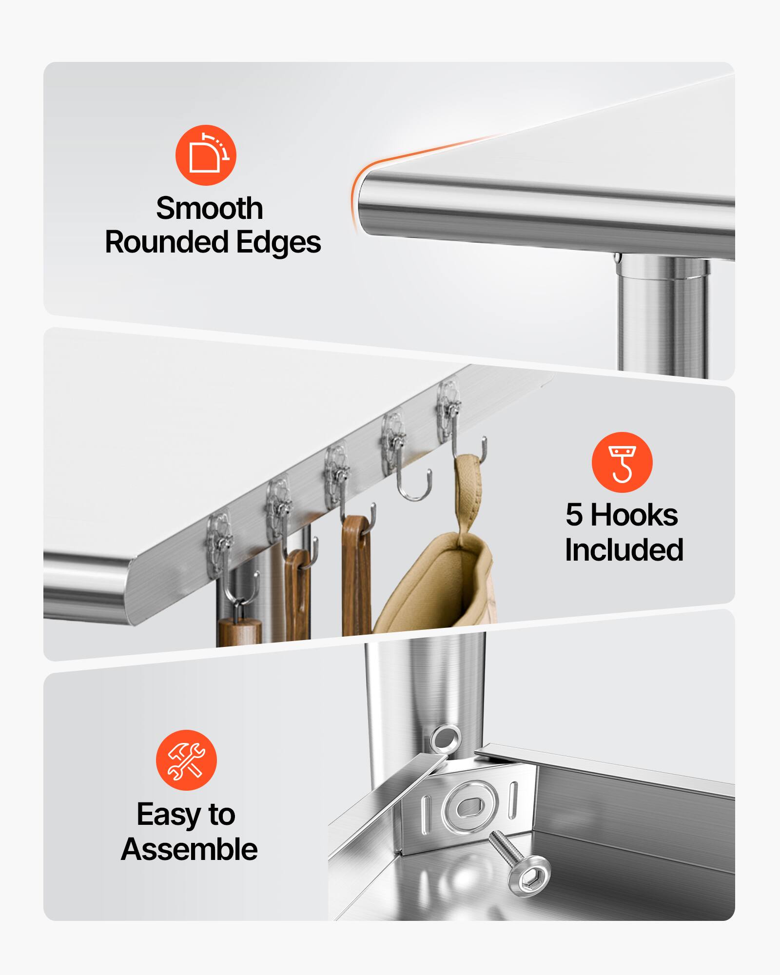 Smooth Rounded Edges  
5 Hooks Included  
Easy to Assemble
