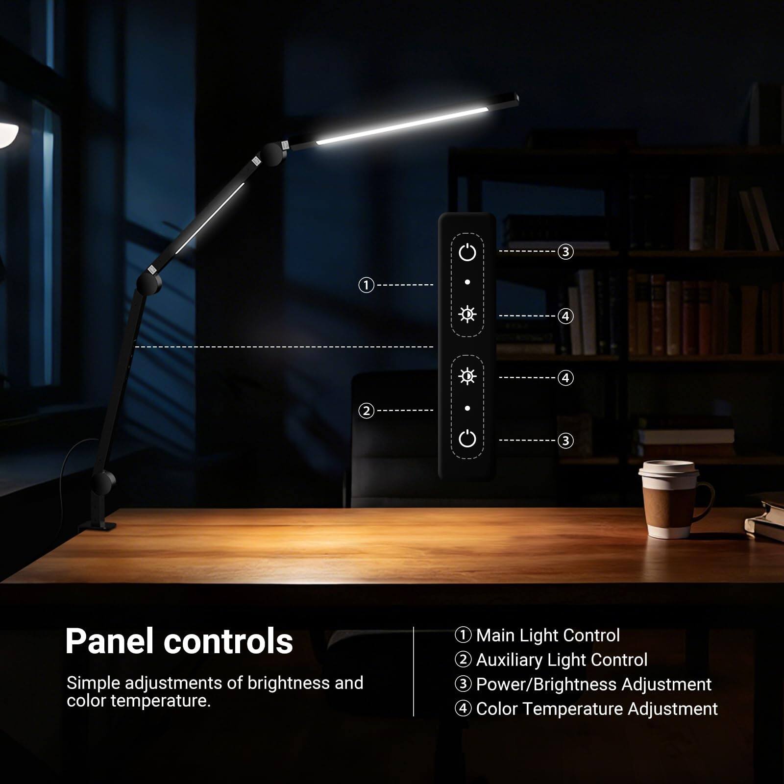 3 1 4 4 2 3 Panel controls Simple adjustments of brightness and color temperature.  
1 Main Light Control  
2 Auxiliary Light Control  
3 Power/Brightness Adjustment  
4 Color Temperature Adjustment
