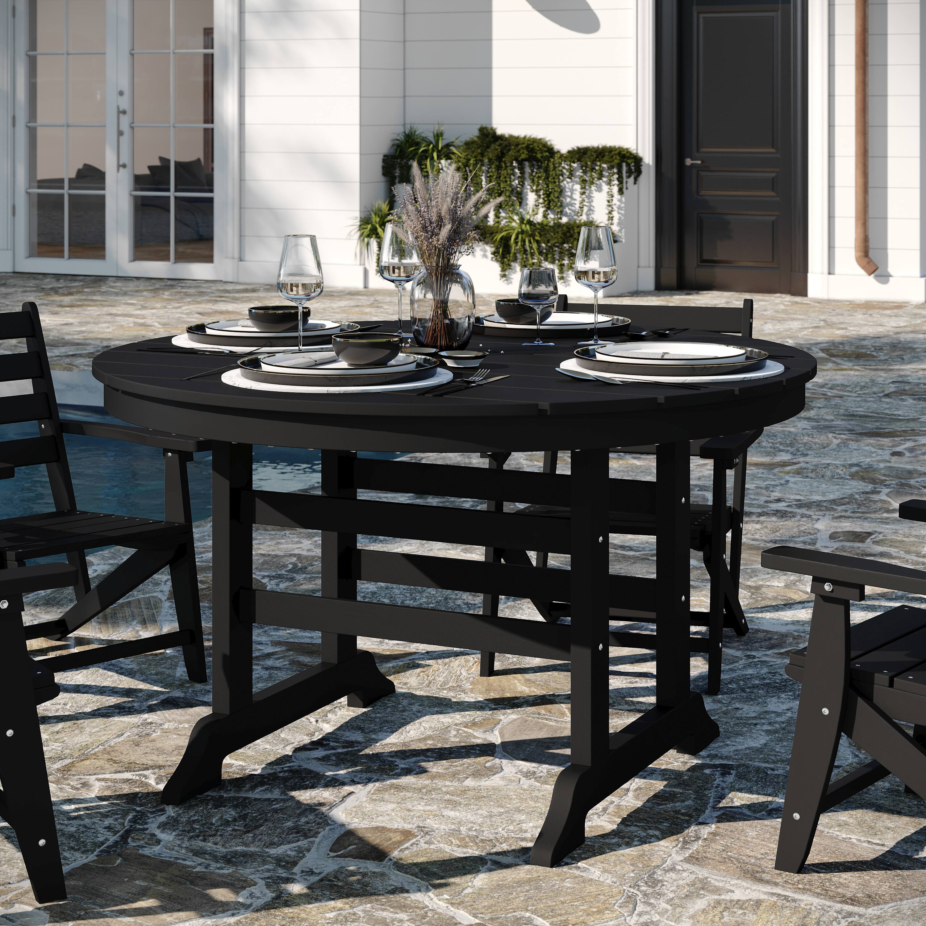 Alt View 2. Flash Furniture - Tolleson Commercial 5 Piece Adirondack Dining Set with 48" Round Indoor/Outdoor Recycled HDPE Table and 4 Chairs with Cu - Black.