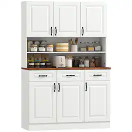 Homcom - 71" Kitchen Pantry, Freestanding Buffet with Hutch, Farmhouse Storage Cabinet, Microwave Cabinet with 3 Drawers, 6 Doors - White