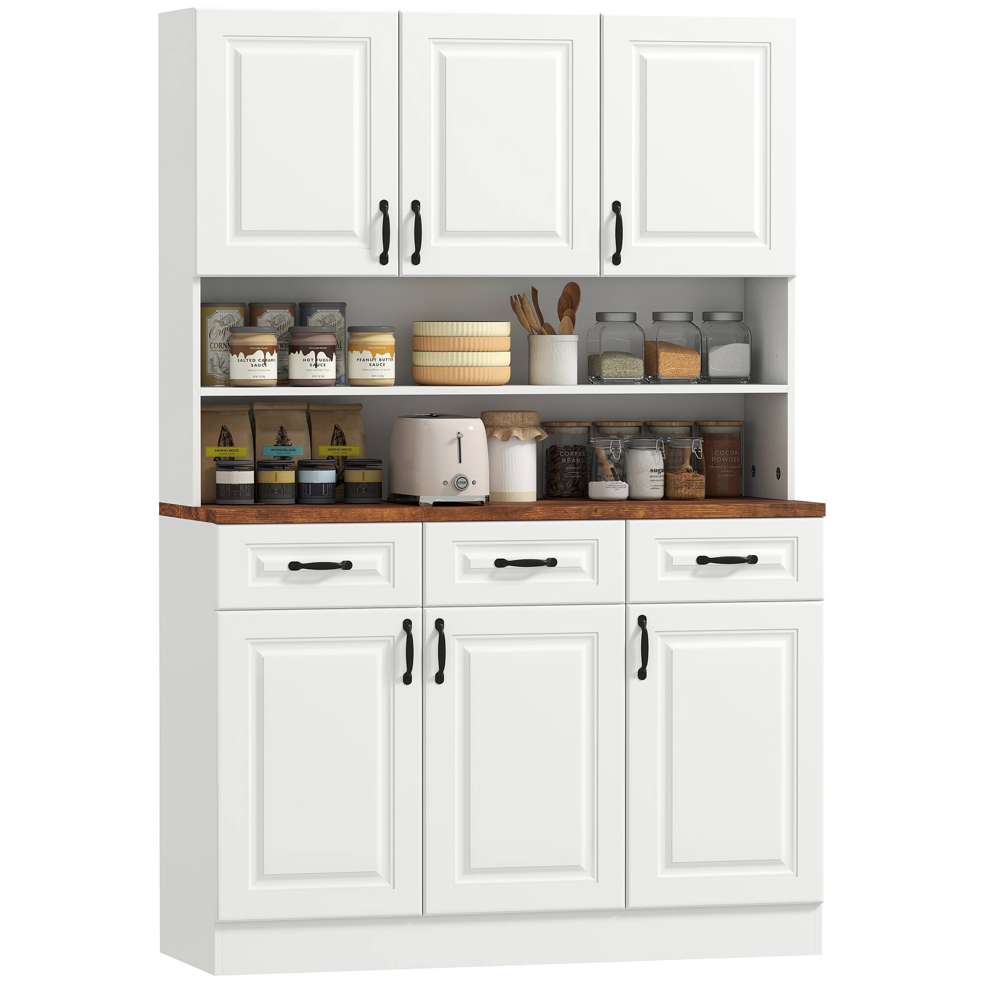 Homcom - 71" Kitchen Pantry, Freestanding Buffet with Hutch, Farmhouse Storage Cabinet, Microwave Cabinet with 3 Drawers, 6 Doors - White
