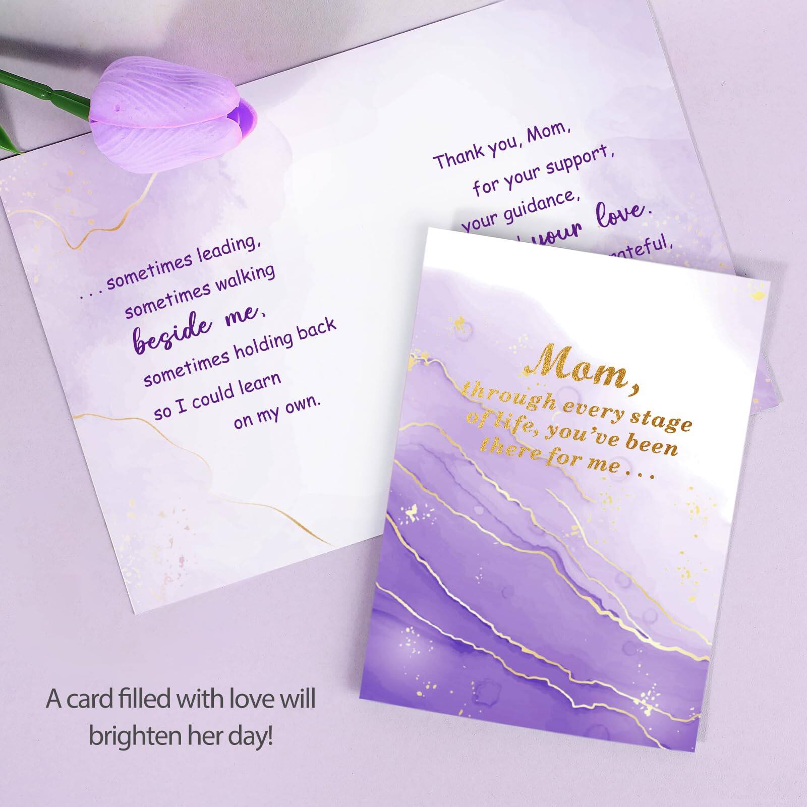 Certainly! Here is the corrected and grouped text from the image:

---

...sometimes leading,  
sometimes walking beside me,  
sometimes holding back  
so I could learn on my own.

Thank you, Mom,  
for your support,  
your guidance,  
your love.  
I'm grateful.

Mom,  
through every stage of life, you've been there for me...

A card filled with love will brighten her day!

---