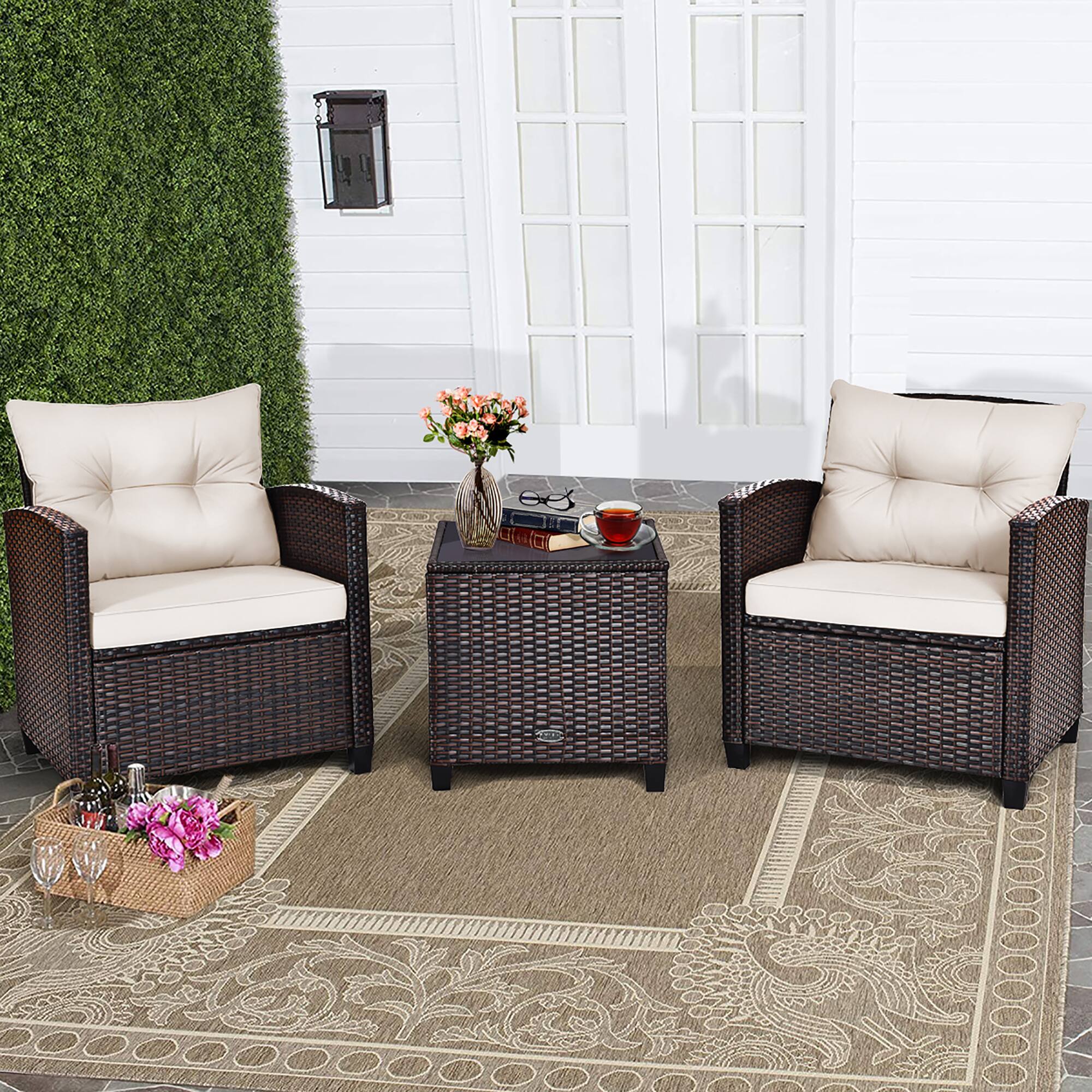 Alt View 1. Costway - 3PCS Patio Rattan Furniture Set Cushioned Sofa Coffee Table Garden - Off-White.