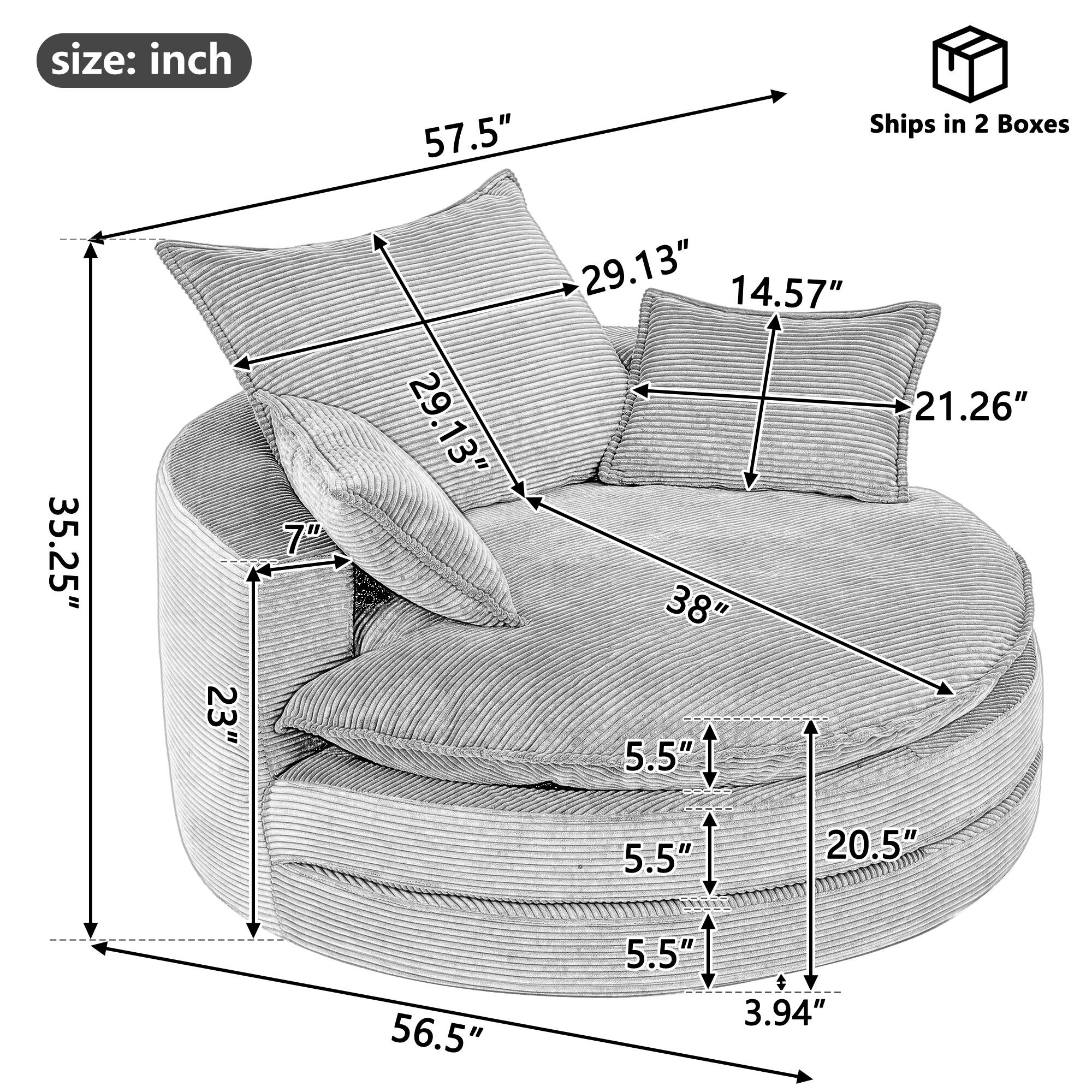 size: inch  
57.5"  
Ships in 2 Boxes  
35.25"  
23"  
7"  
29.13"  
14.57"  
38"  
5.5"  
21.26"  
20.5"  
56.5"  
3.94"