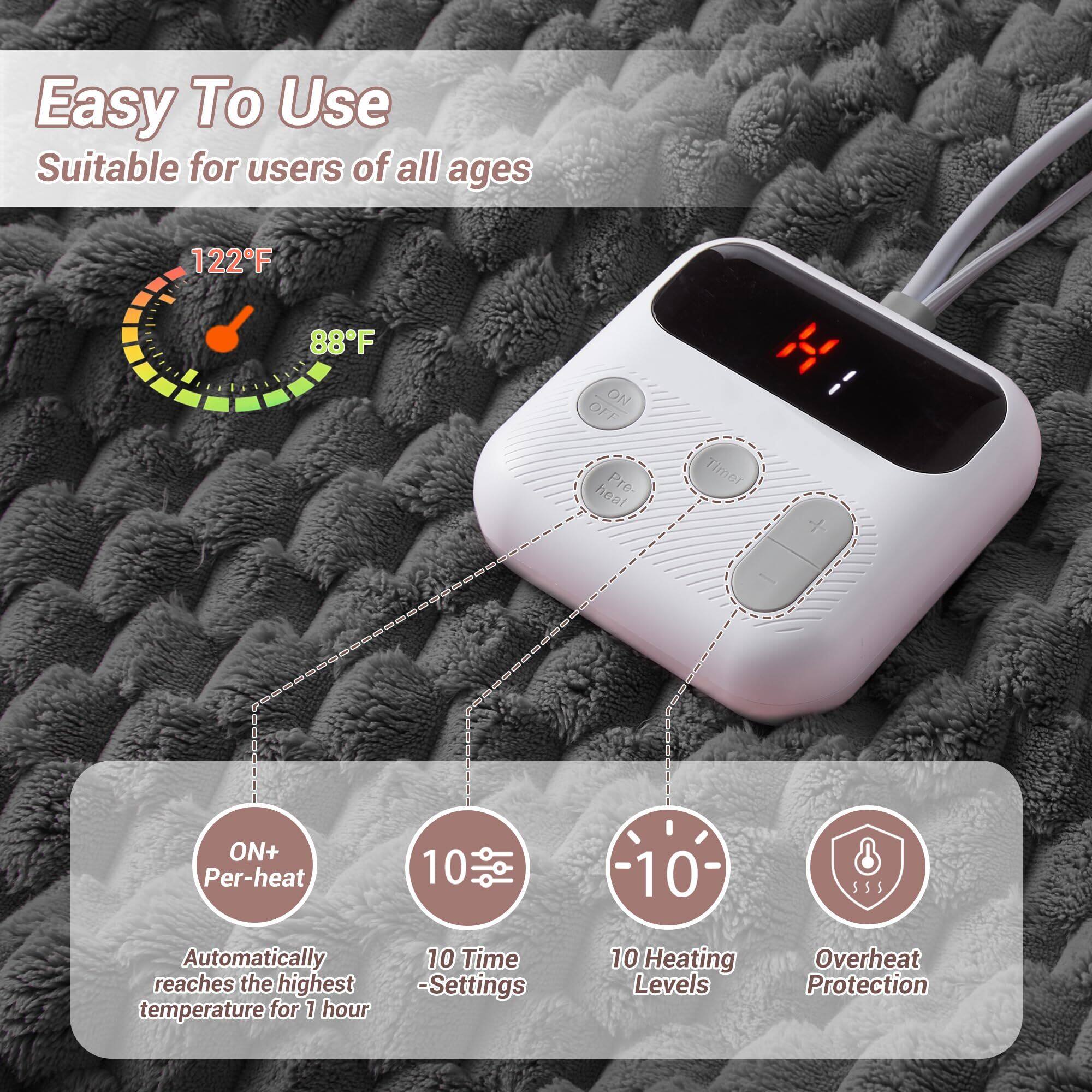 Easy To Use  
Suitable for users of all ages  

122°F  
88°F  

ON/OFF  
Pre-heat  
Timer  

ON+ Per-heat  
Automatically reaches the highest temperature for 1 hour  

10 Time Settings  

10 Heating Levels  

Overheat Protection