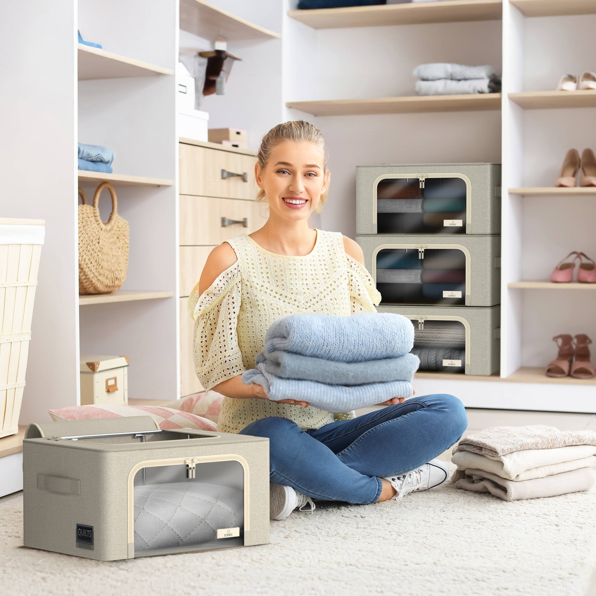 Alt View 1. Sorbus - Sorbus Storage Bins with Metal Frame - Stackable & Foldable Clothes Organizer Bags - Oxford Fabric Storage Containers - Beige.