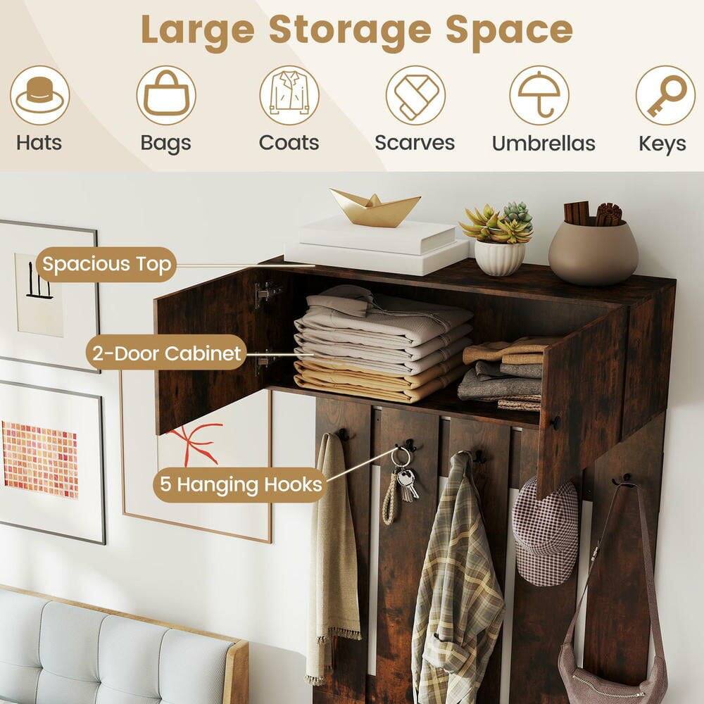 Large Storage Space  
Hats Bags Coats Scarves Umbrellas Keys  
Spacious Top  
2-Door Cabinet  
5 Hanging Hooks