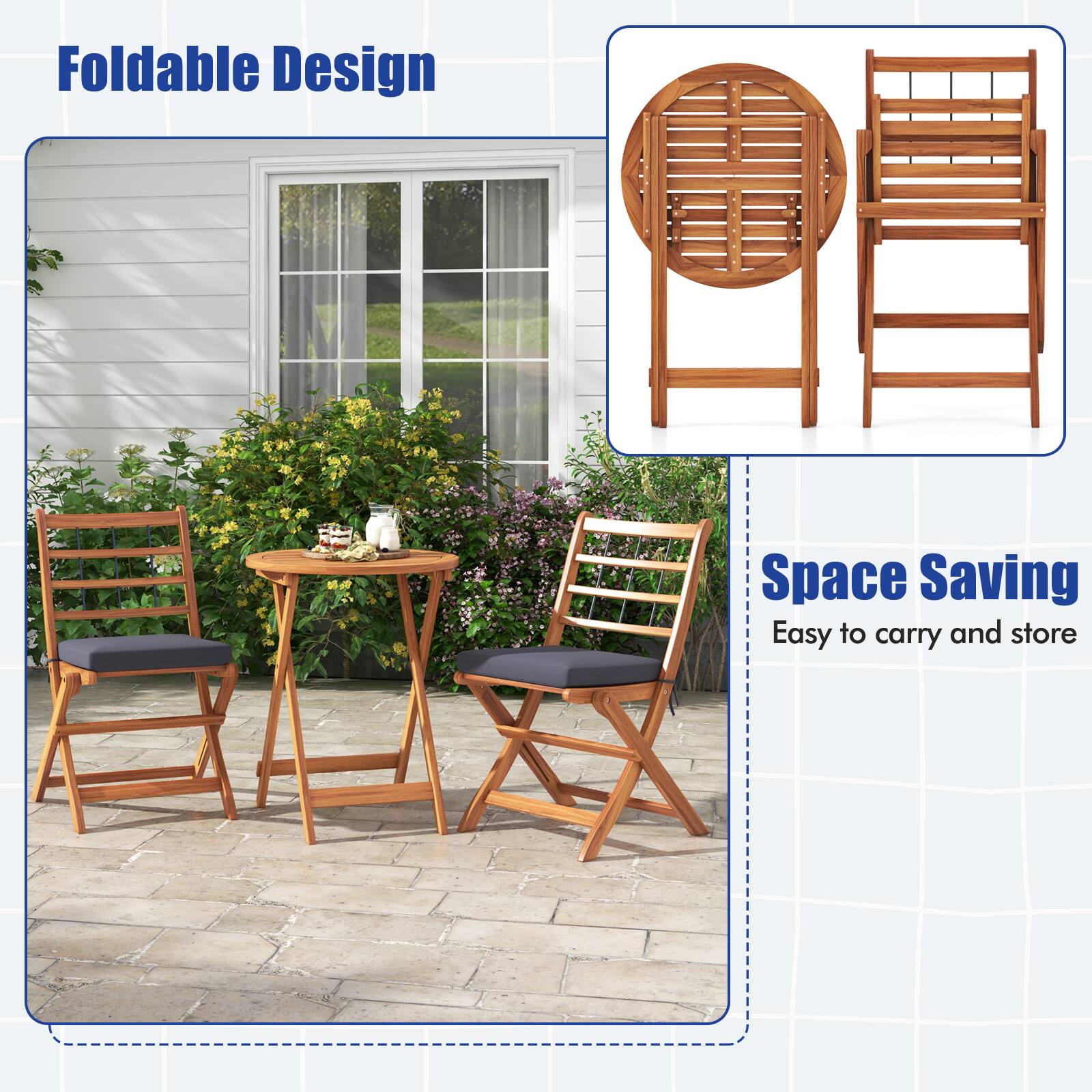 The text on the image reads "Foldable Design Space Saving Easy to carry and store." This text is grouped together and correctly written.