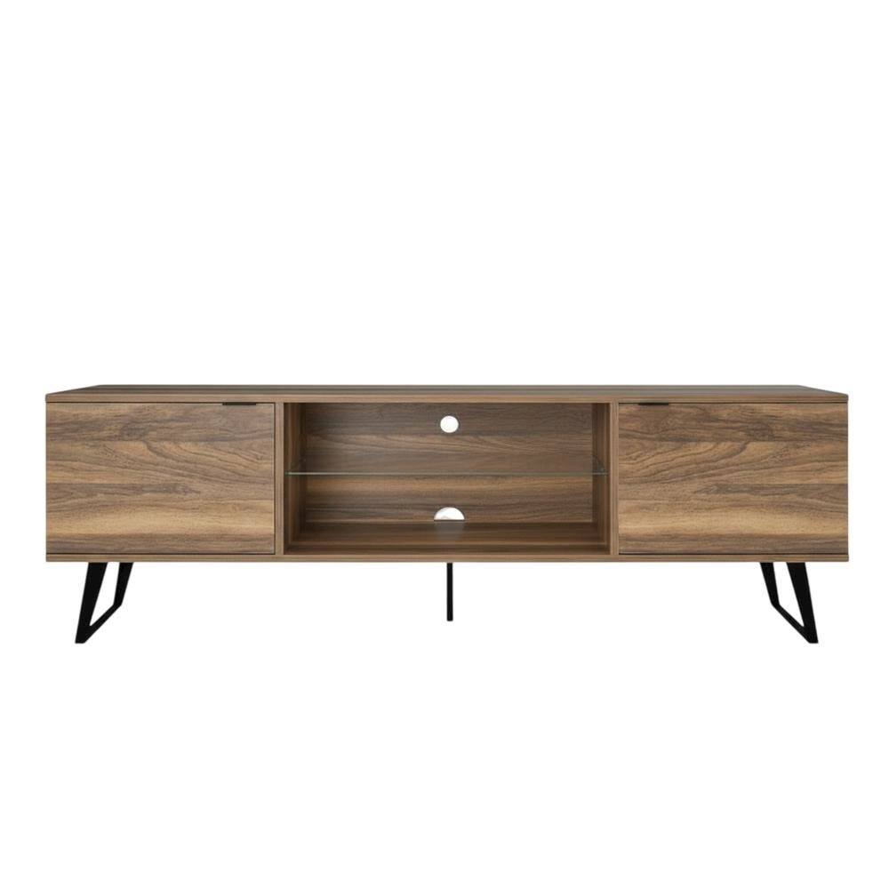 Alt View 3. FurniFact - Walnut Wood TV Stand with Glass Door Shelf and Mid-Century Modern Design - White.
