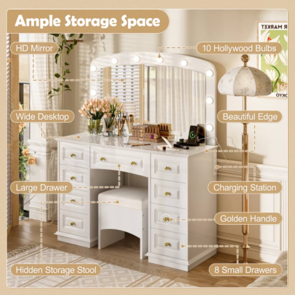 Ample Storage Space  
HD Mirror  
10 Hollywood Bulbs  
Wide Desktop  
Beautiful Edge  
Large Drawer  
Charging Station  
Golden Handle  
Hidden Storage Stool  
8 Small Drawers