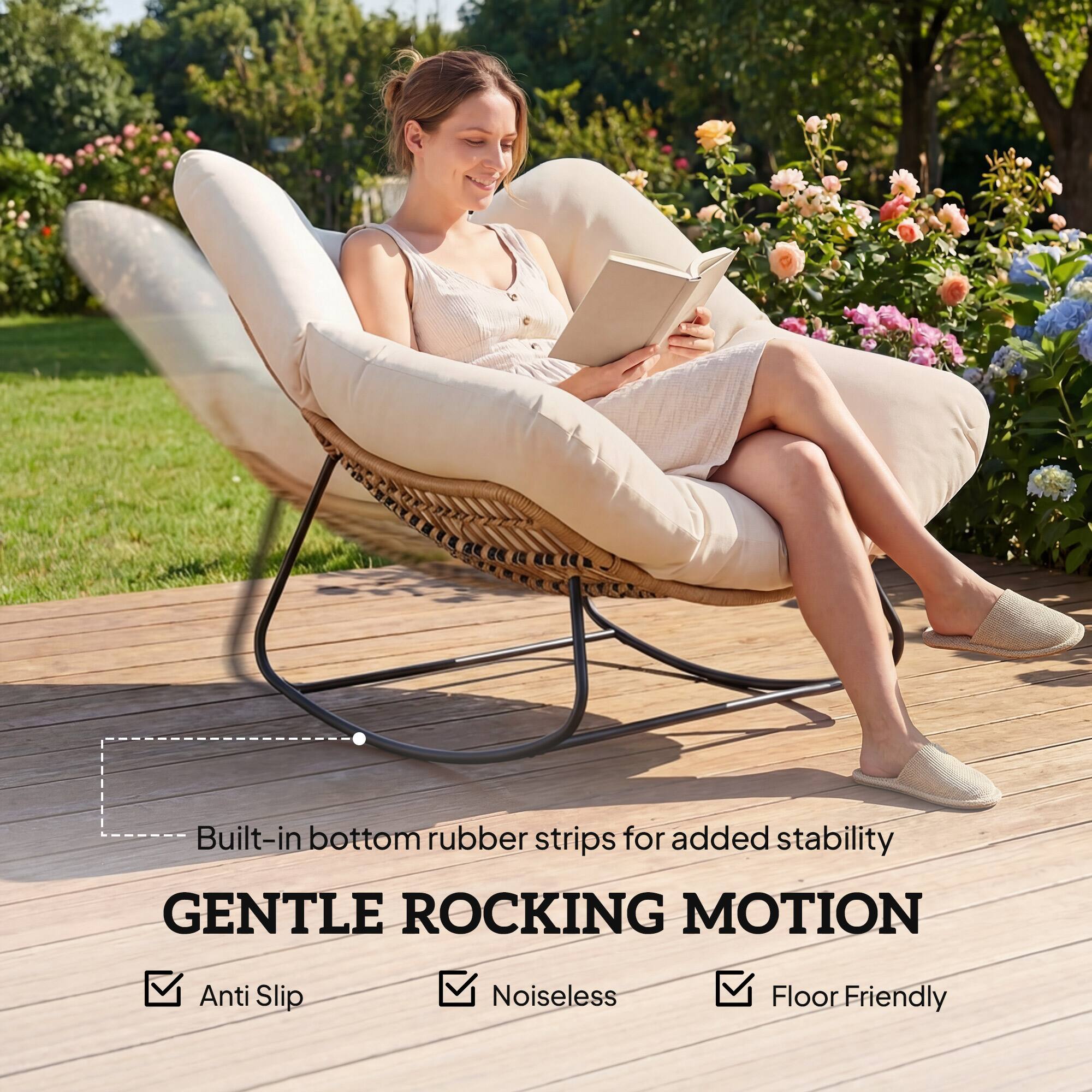 Built-in bottom rubber strips for added stability

GENTLE ROCKING MOTION

- Anti Slip
- Noiseless
- Floor Friendly