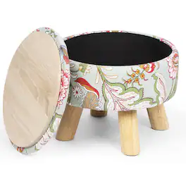Oumilen - Round Floral Fabric Storage Ottoman Foot Stool with Wooden Legs - Flower