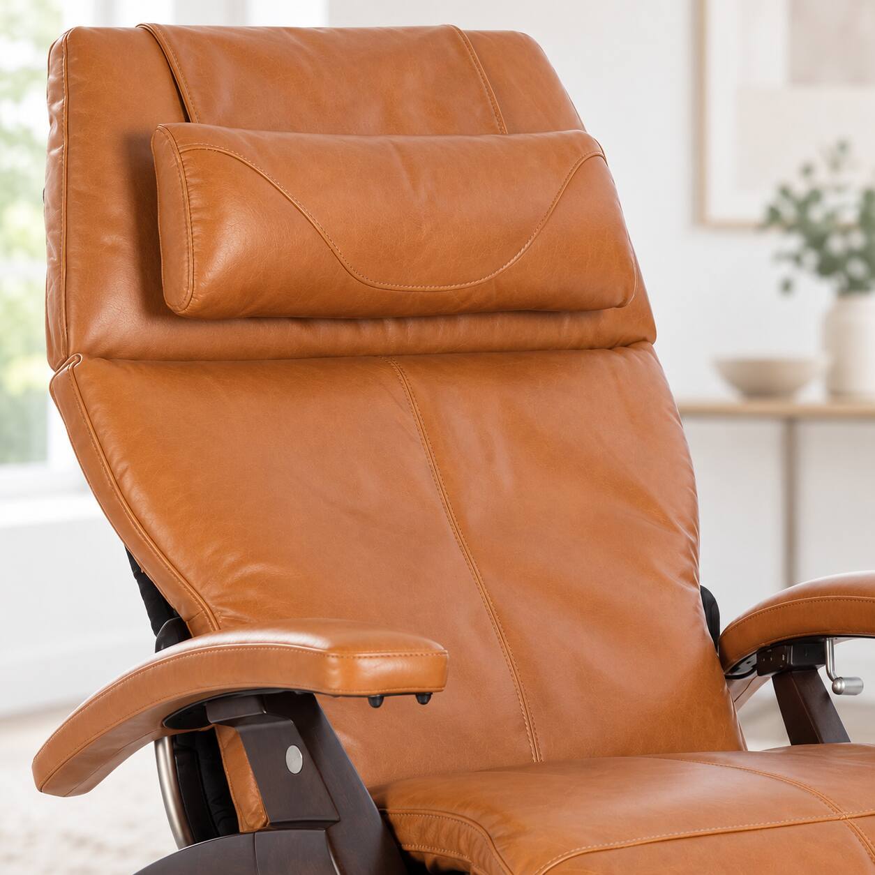 Left. Human Touch - Human Touch Perfect Chair PC-420 Classic Manual Plus Zero Gravity Recliner with Solid Wood Base - Dark Walnut / Saddle Premium Leather / Supreme.