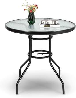 Winado - 32in Round Patio Table with Umbrella Hole, Steel Tempered Glass Dining Table for Outdoor Indoor Balcony Garden Deck - Black