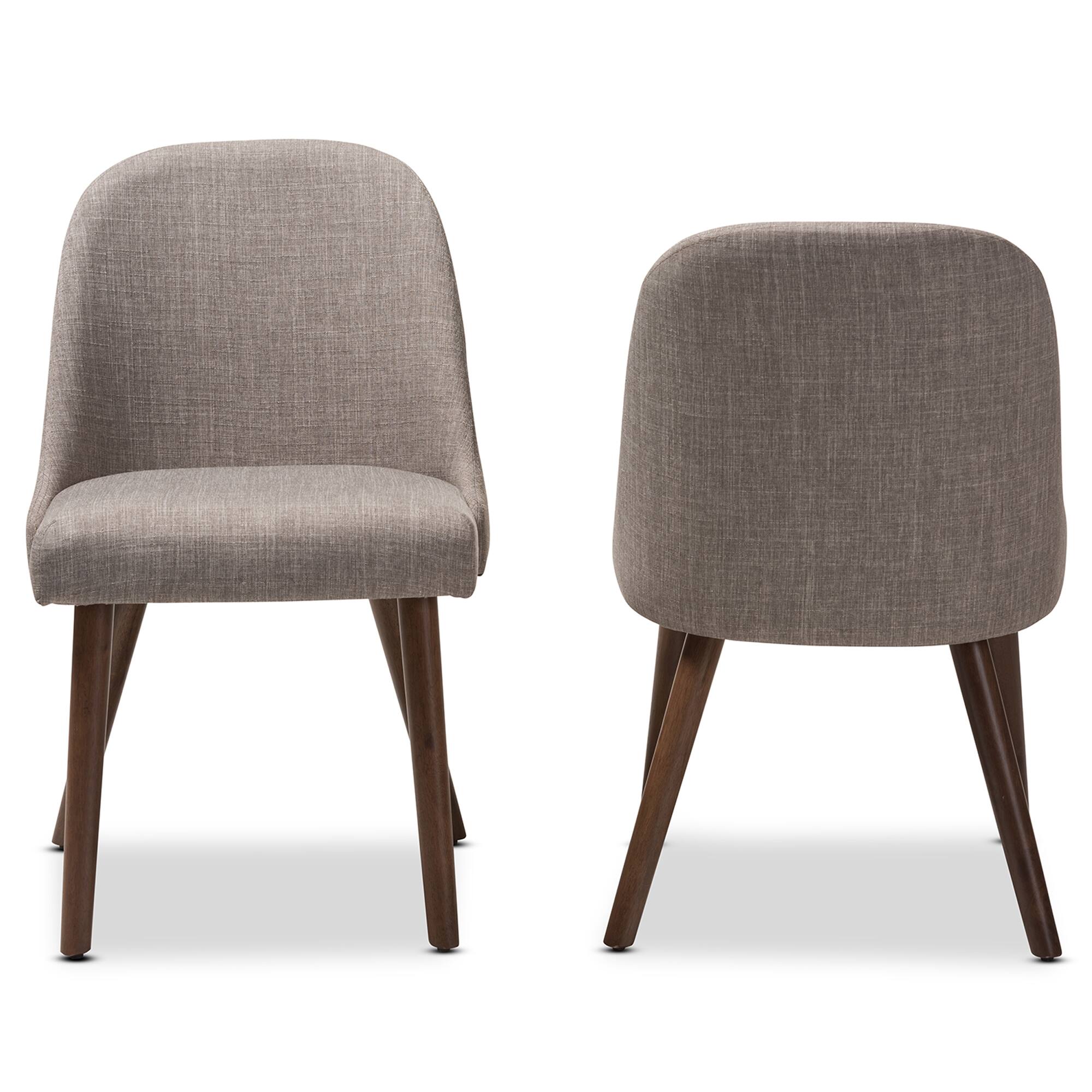 Angle. Baxton Studio - Set of 2 Cody Mid-Century Modern Fabric Upholstered Walnut Finished Wood Dining Chairs - Light Grey.
