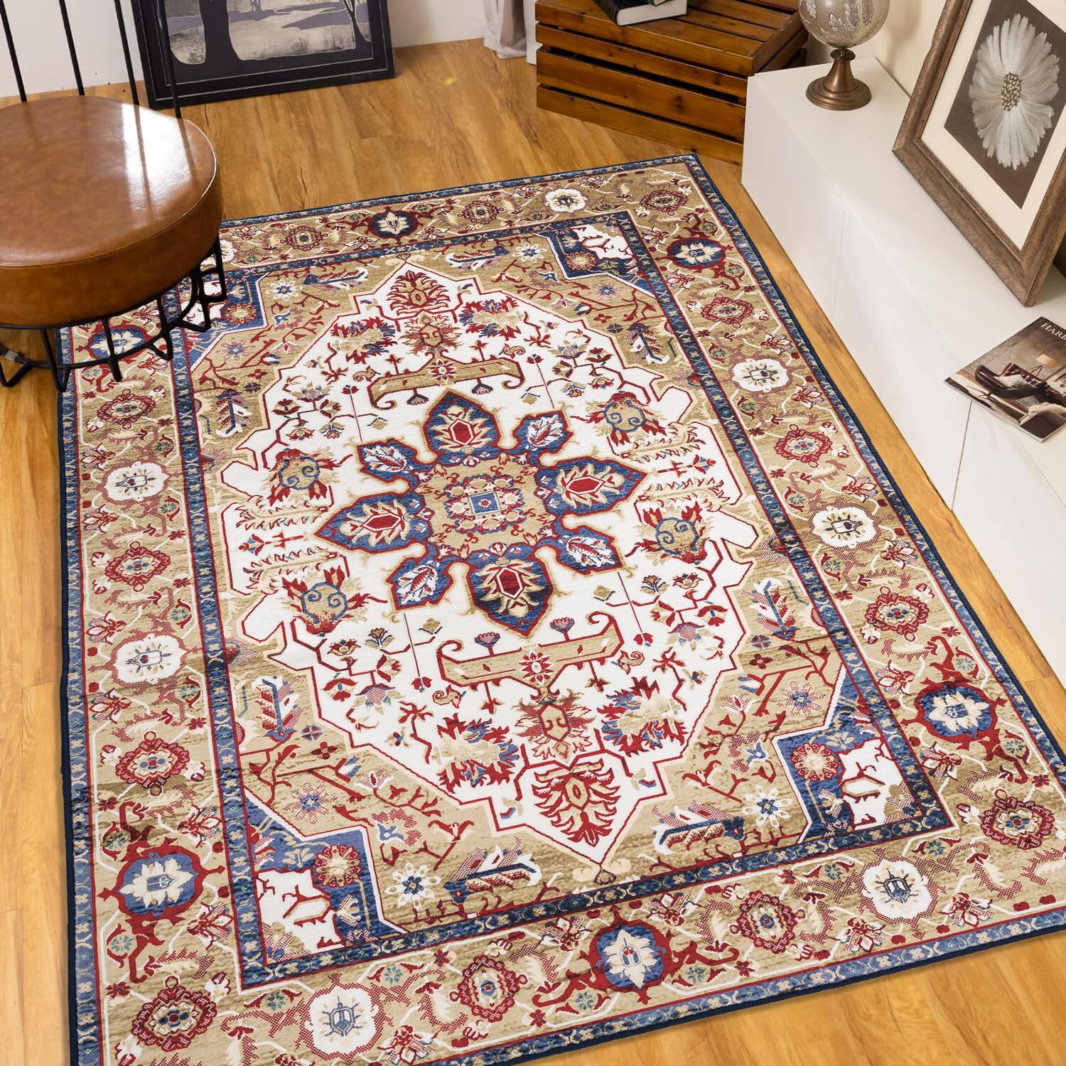 APRILSOUL - Vintage Bohemian Washable Rug Soft Faux Cashmere Non Slip Classic Design - Blue+Gold