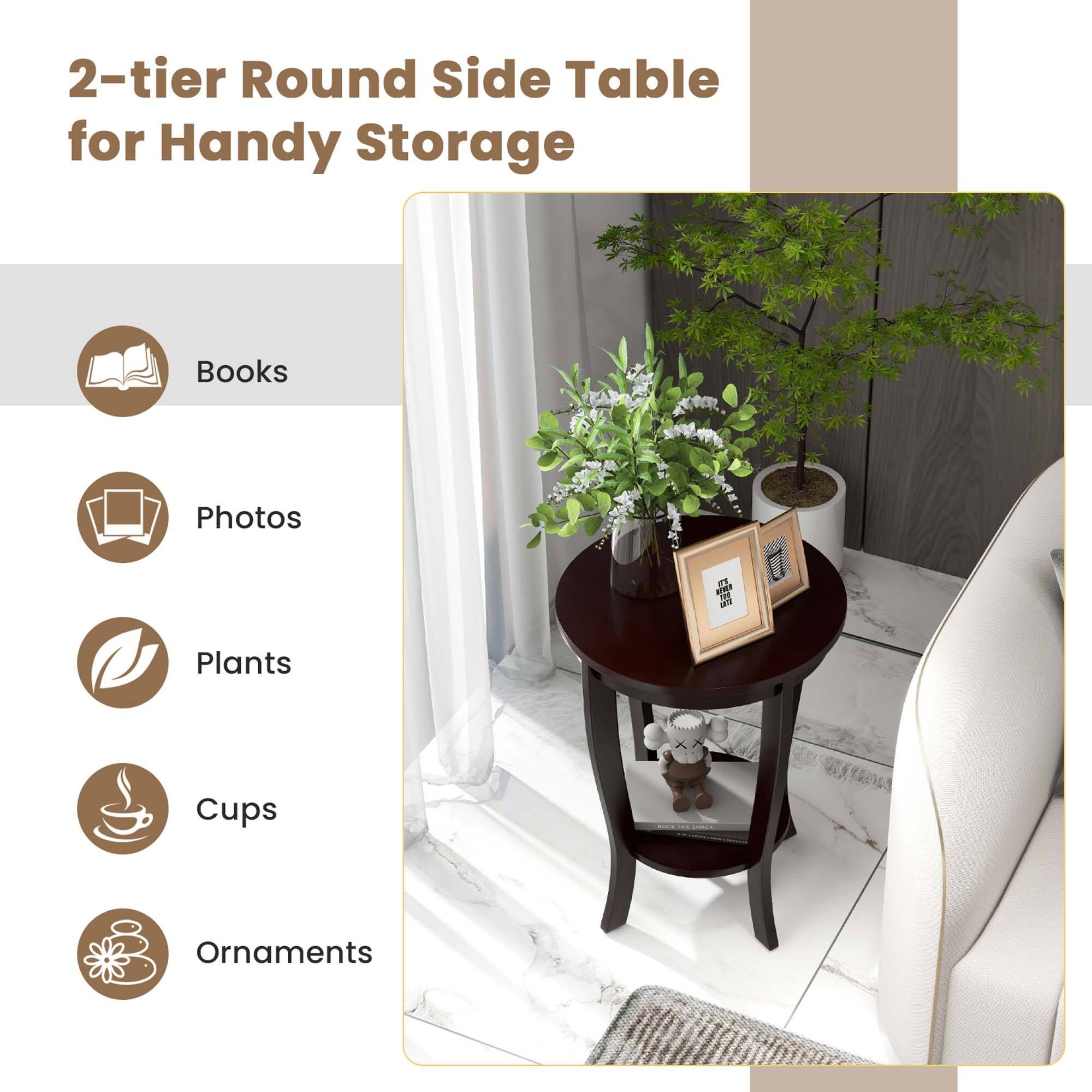 2-tier Round Side Table for Handy Storage: Books, Photos, Plants, Cups, Ornaments.