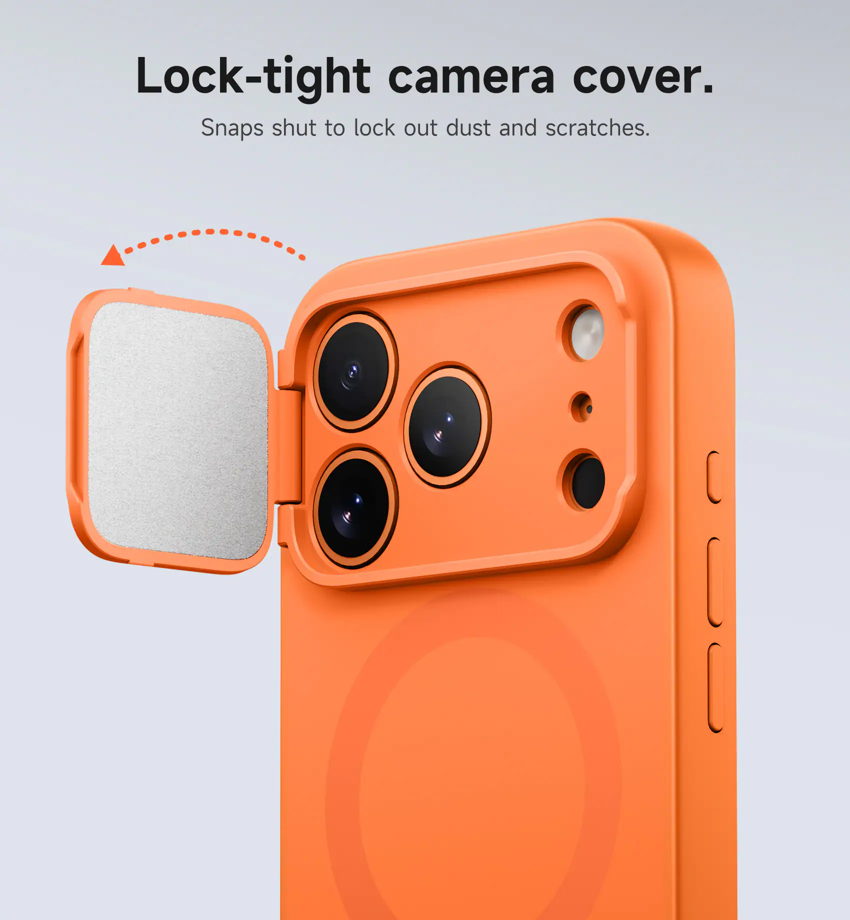 Lock-tight camera cover. Snaps shut to lock out dust and scratches.