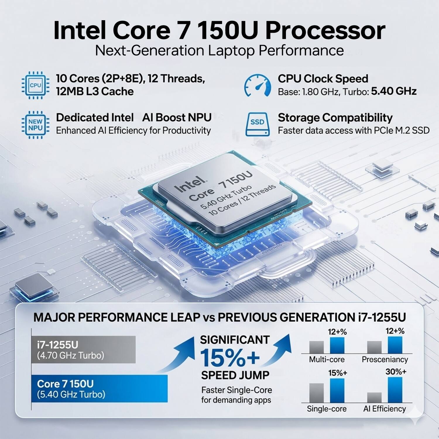 Intel Core 7 150U Processor  
Next-Generation Laptop Performance  
CPU: 10 Cores (2P+8E), 12 Threads, 12MB L3 Cache  
CPU Clock Speed: Base: 1.80 GHz, Turbo: 5.40 GHz  
NEW Dedicated Intel AI Boost NPU  
Enhanced AI Efficiency for Productivity  
SSD Storage Compatibility: Faster data access with PCIe M.2 SSD  

MAJOR PERFORMANCE LEAP vs PREVIOUS GENERATION i7-1255U  
i7-1255U (4.70 GHz Turbo)  
Core 7 150U (5.40 GHz Turbo)  

12+% Multi-core  
12+% Prescience  
15%+ Single-core  
30%+ AI Efficiency
