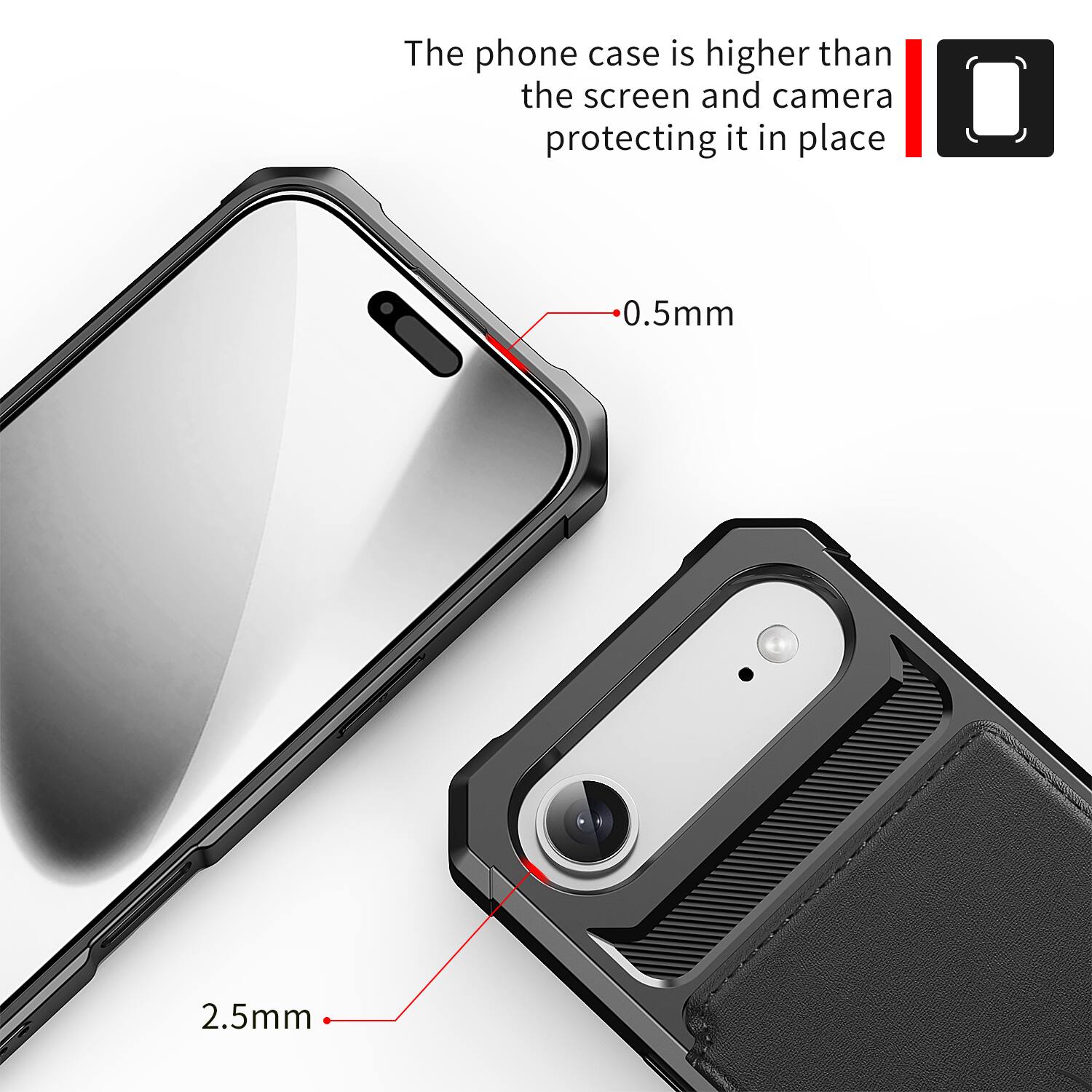 The phone case is higher than the screen and camera protecting it in place.  
0.5mm  
2.5mm