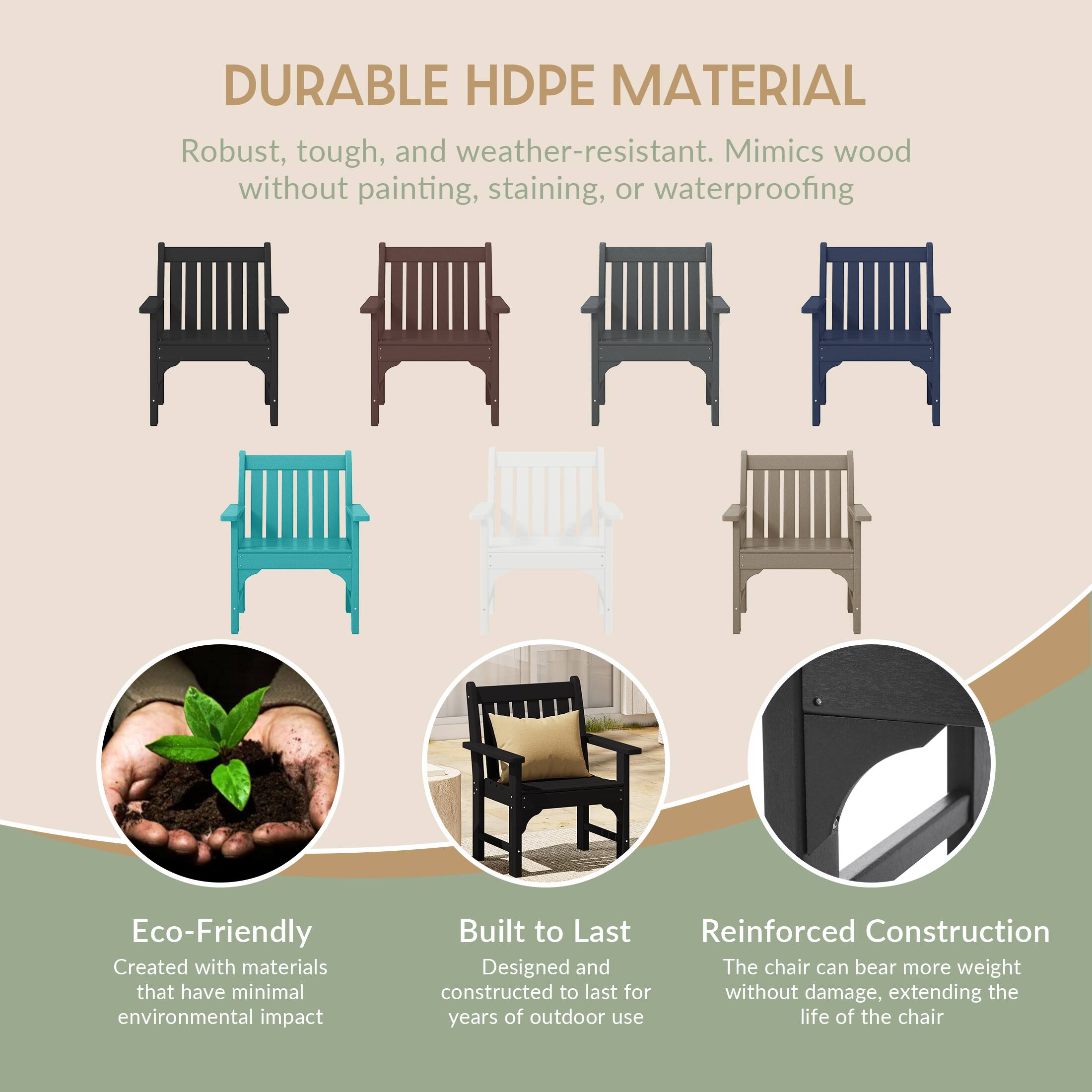 DURABLE HDPE MATERIAL  
Robust, tough, and weather-resistant. Mimics wood without painting, staining, or waterproofing

Eco-Friendly  
Created with materials that have minimal environmental impact

Built to Last  
Reinforced Construction  
Designed and constructed to last for years of outdoor use

Reinforced Construction  
The chair can bear more weight without damage, extending the life of the chair