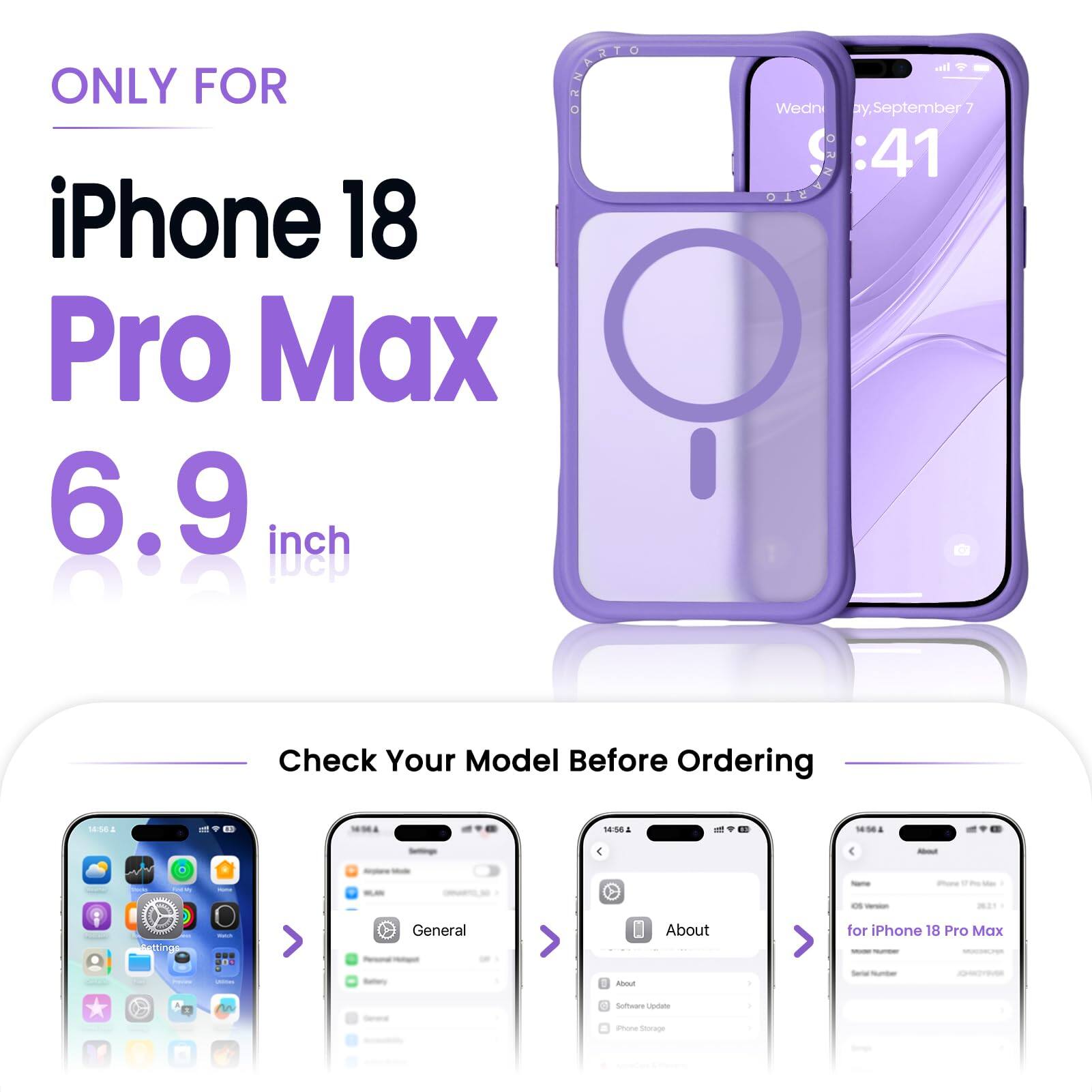 ONLY FOR  
iPhone 18 Pro Max  
6.9 inch  

Wedn y, September 9  
14:56  

Check Your Model Before Ordering  
14:56  

About  
Gettings  
net  
General  
About  
for iPhone 18 Pro Max INGRESSIONES  
LASSING  
About  
Sanal Number  
1 Software Update  
iPhone Storage  
AppleCom