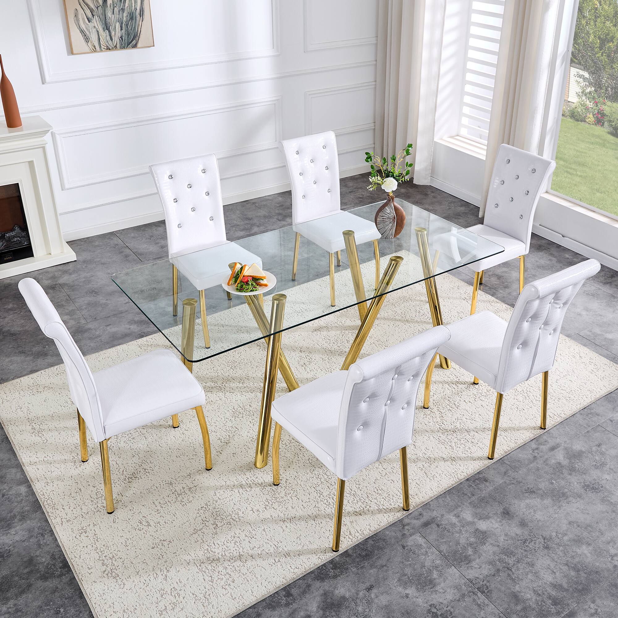 Alt View 8. Loheer - Loheer- 5.9 Ft Modern Tempered Glass Dining Table with Sturdy Metal Legs for Large Family - Gold.