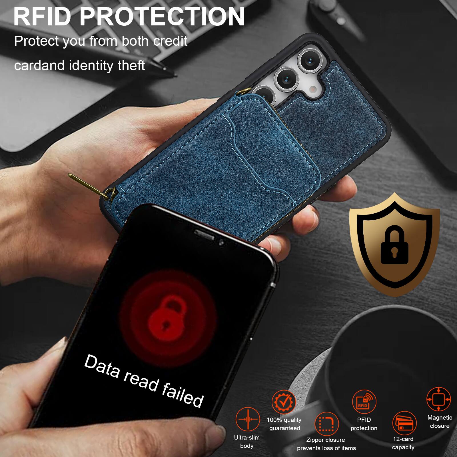 RFID PROTECTION  
Protect you from both credit card and identity theft  

Data read failed  

100% quality guaranteed  
Ultra-slim body  
Zipper closure prevents loss of items  
RFID protection  
Magnetic closure  
12-card capacity
