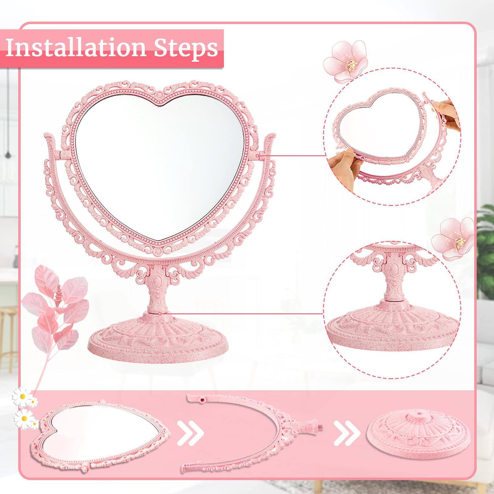 Installation Steps

1. Attach the mirror frame to the base.
2. Assemble the stand.
3. Attach the mirror to the stand.