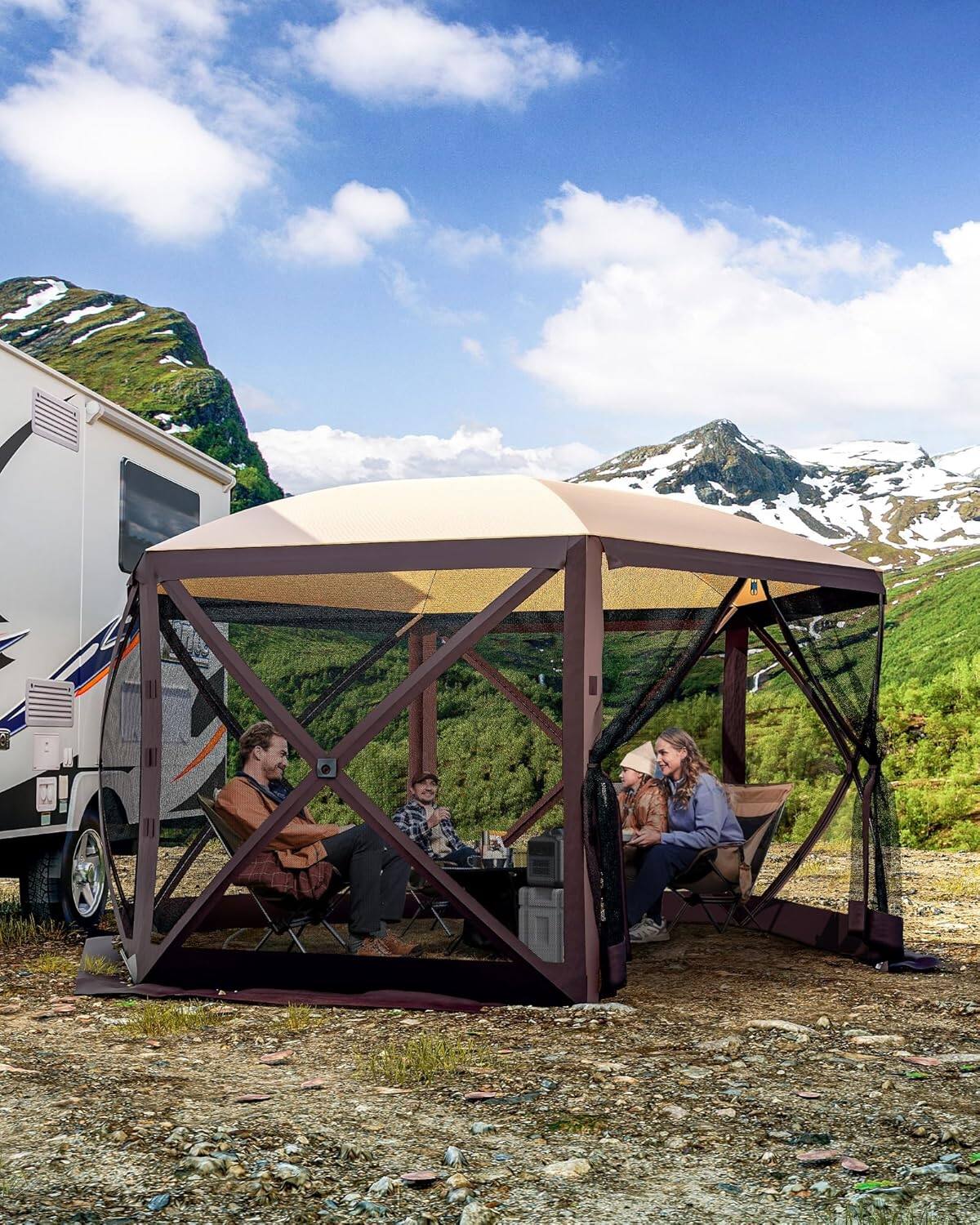 Alt View 1. Homhougo - Heavy Duty Hexagon Pop Up Outdoor Gazebo 12x12 FT, 6 Removable Side Curtains – Weatherproof 210d Oxford - Khaki.